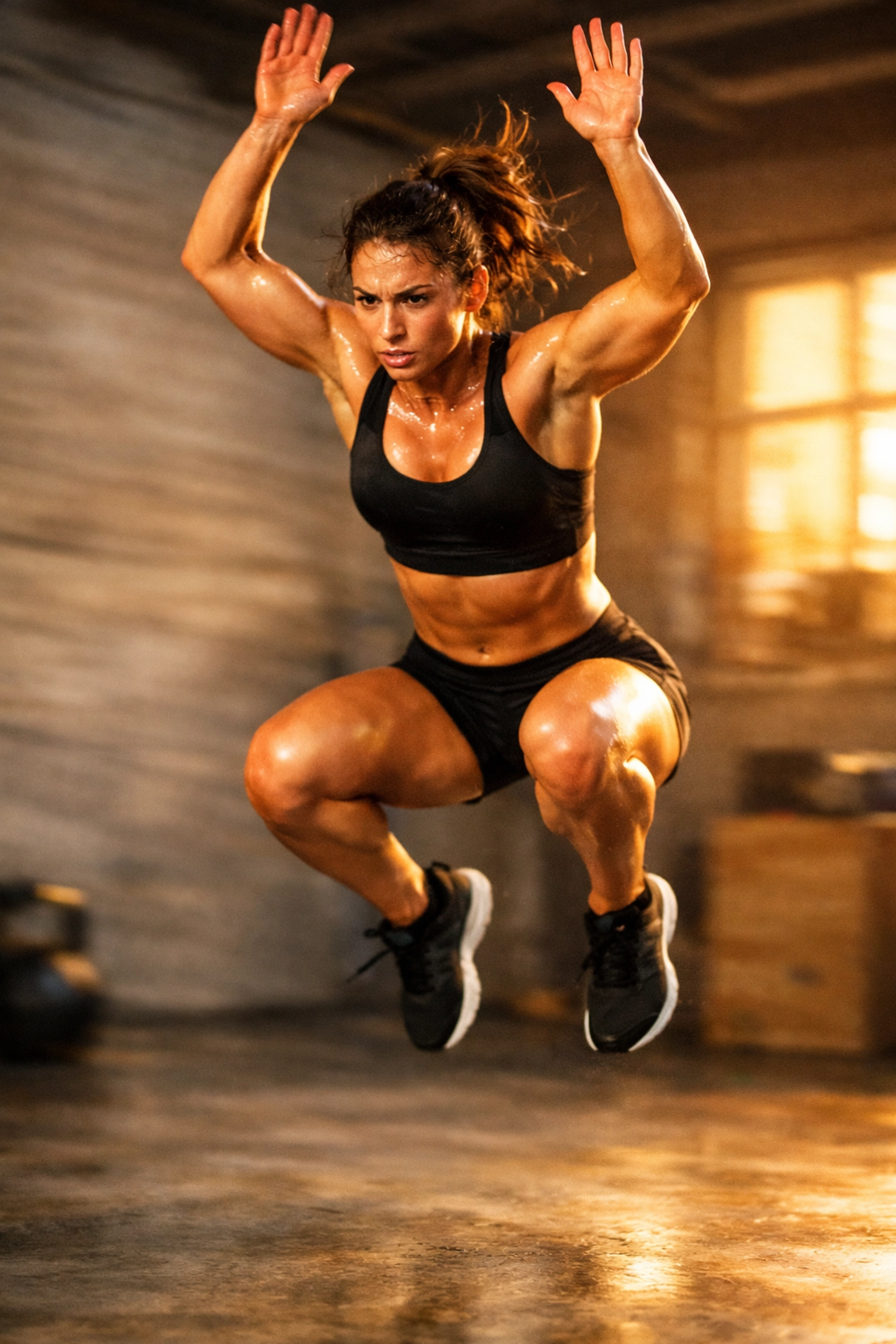 Female athlete performing burpee jump in home workout space for conditioning