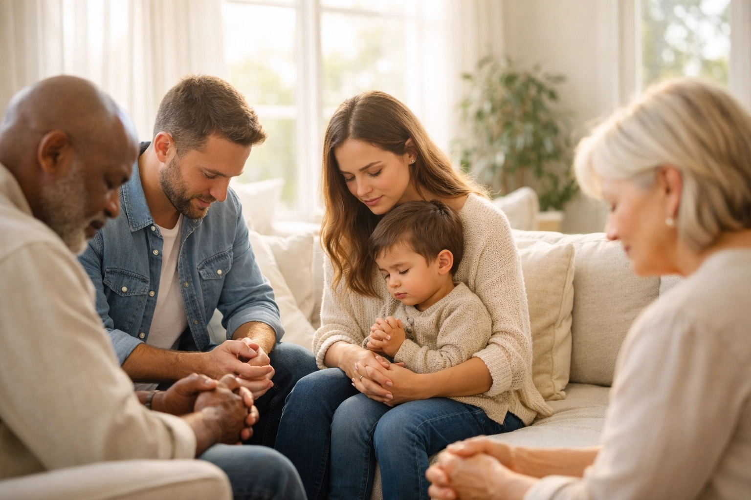 A diverse Christian family and friends praying together in a bright, sunlit living room.