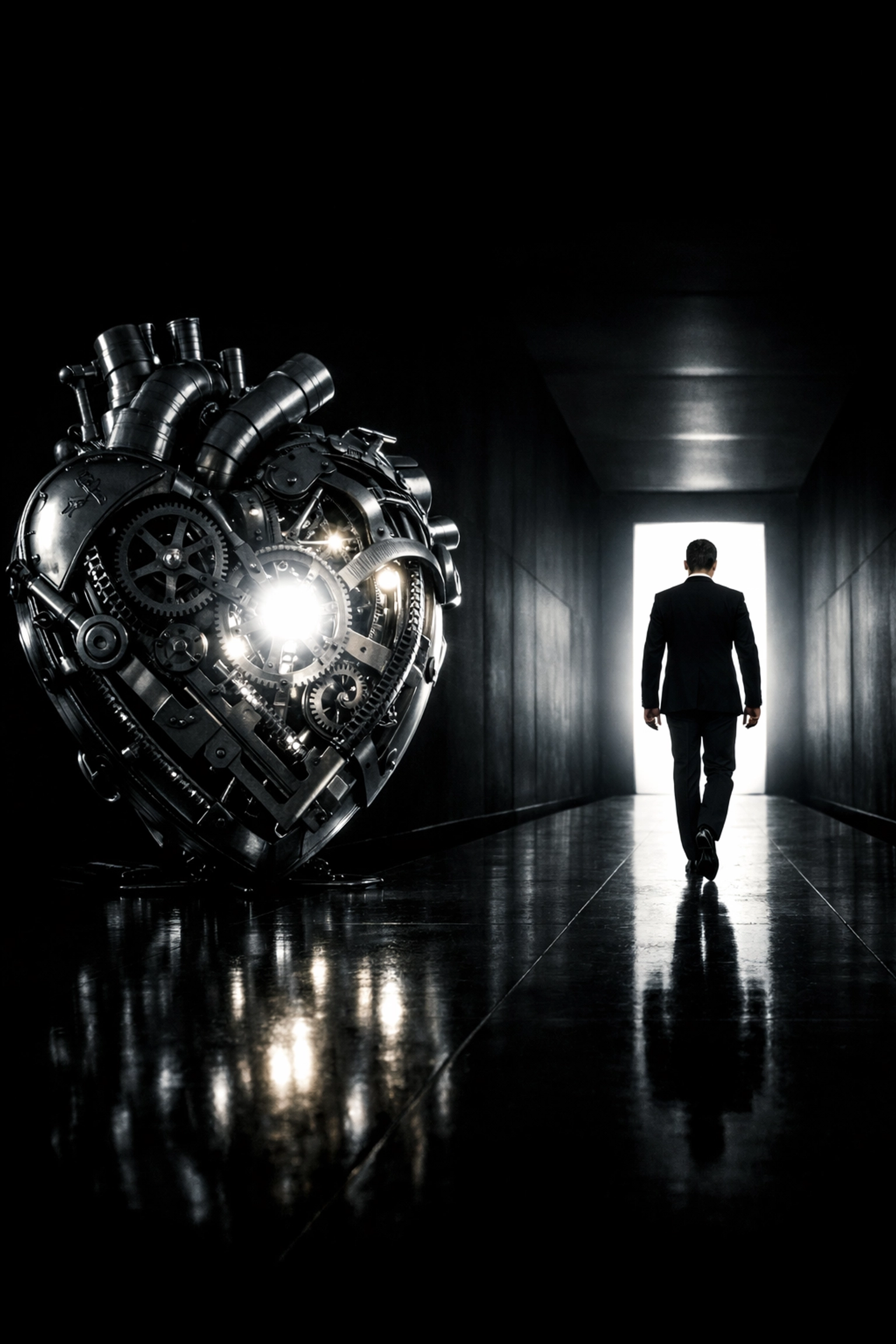 A business founder walking toward a bright exit, leaving an independent mechanical system to run the company.