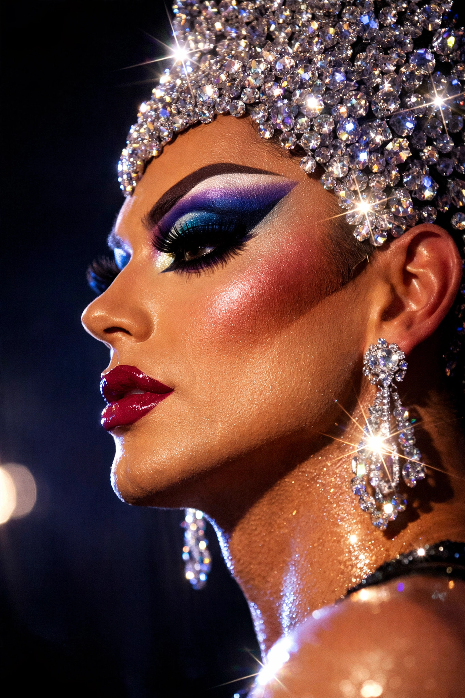 Drag artist with dramatic stage makeup and crystallized headpiece for Eurovision performance