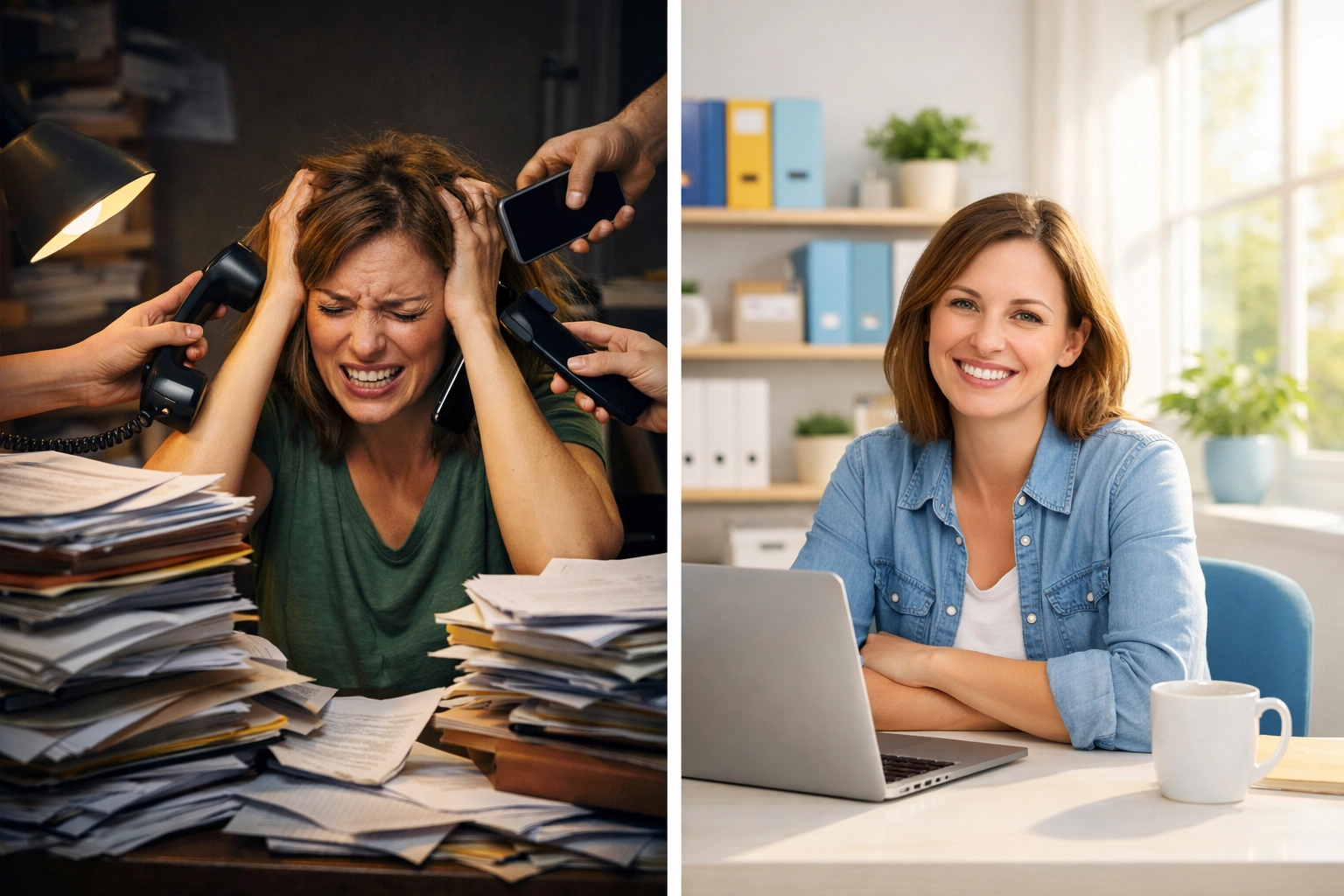 Before and after nonprofit automation showing overwhelmed vs efficient donor outreach