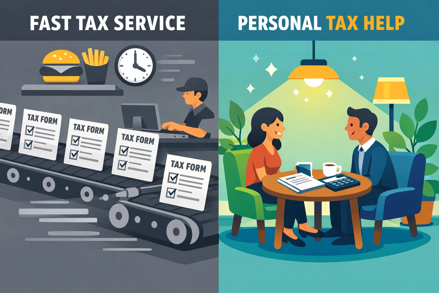 Chain tax service assembly line versus personalized one-on-one tax consultation