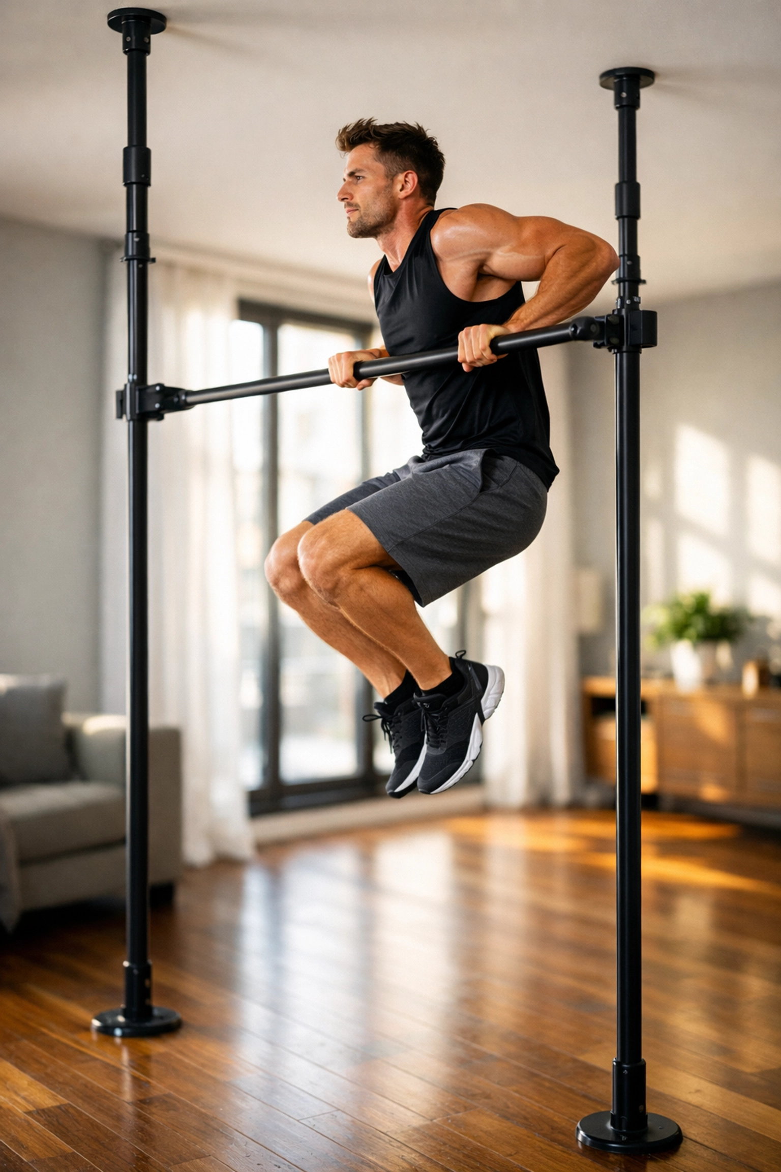 Athlete performing muscle-up on floor-to-ceiling pull-up bar with no wall damage