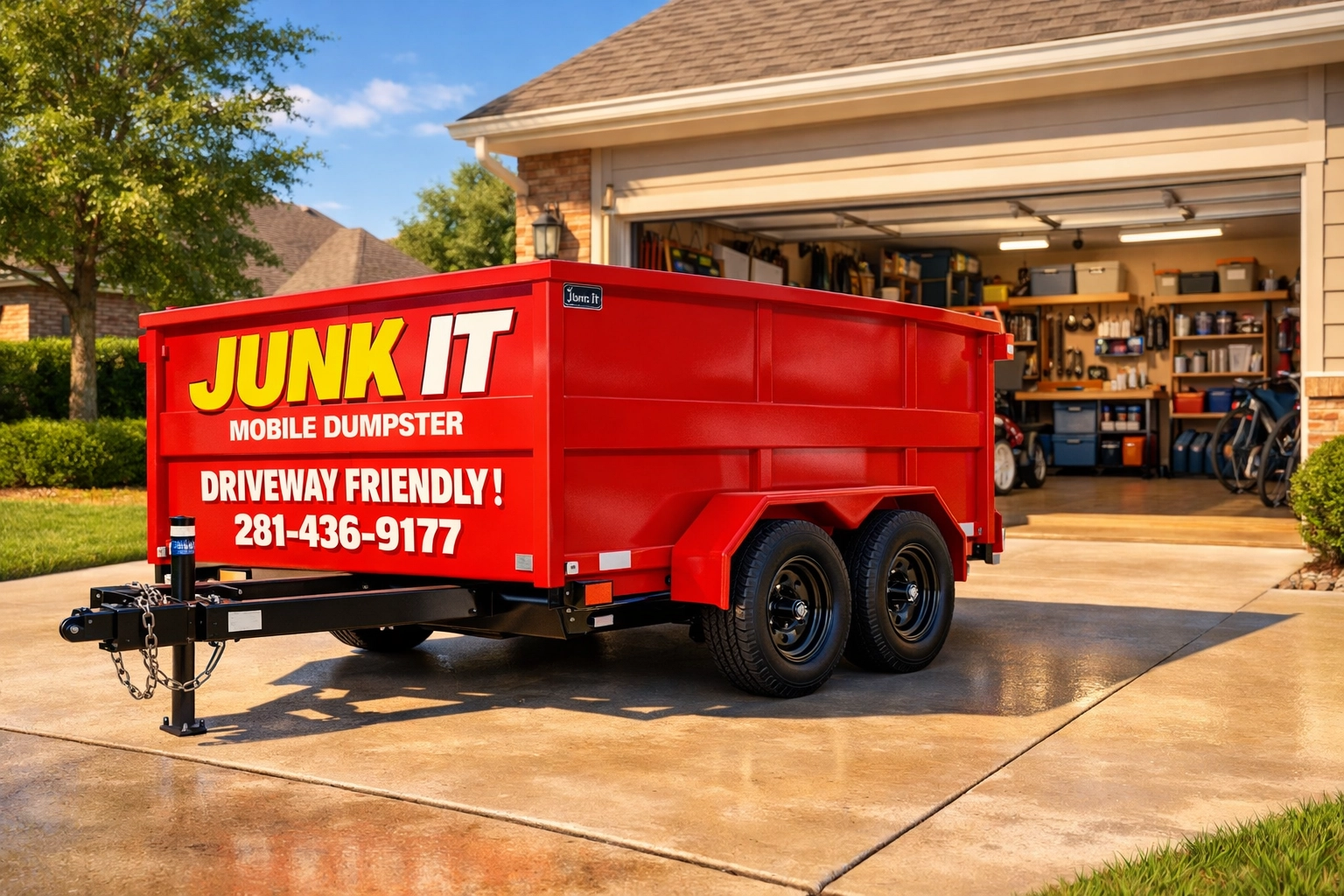 Portable dumpster rental on a Pearland driveway showing a clean garage after home decluttering.
