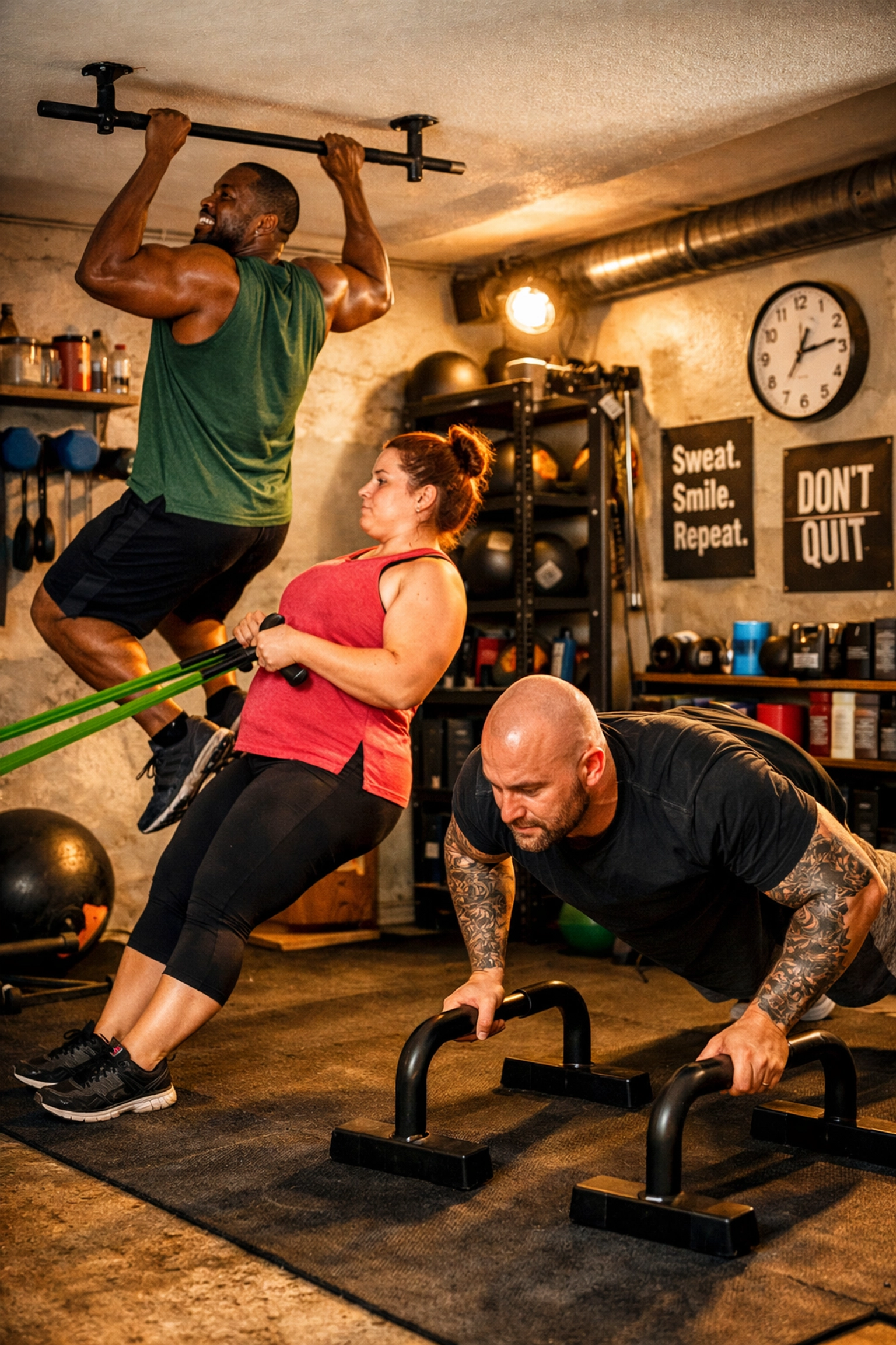 Diverse athletes training together using versatile home gym equipment for full body workout