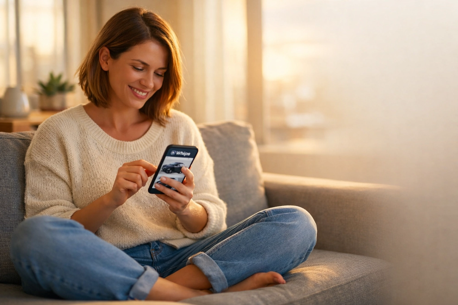 Relaxed buyer using Whips mobile car shopping app on smartphone from home