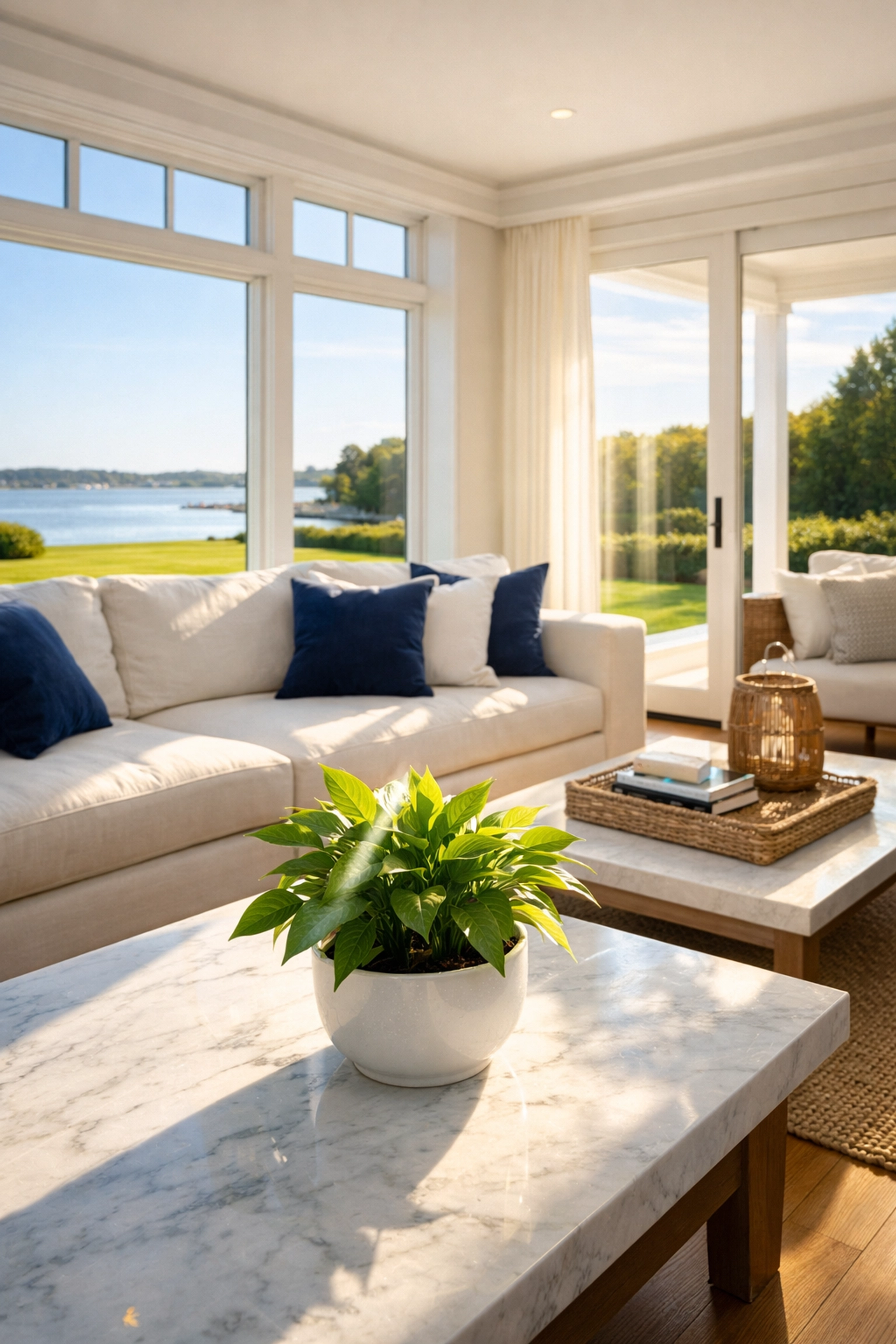 Sun-drenched East Falmouth living room showing the dust-free results of weekly house cleaning.