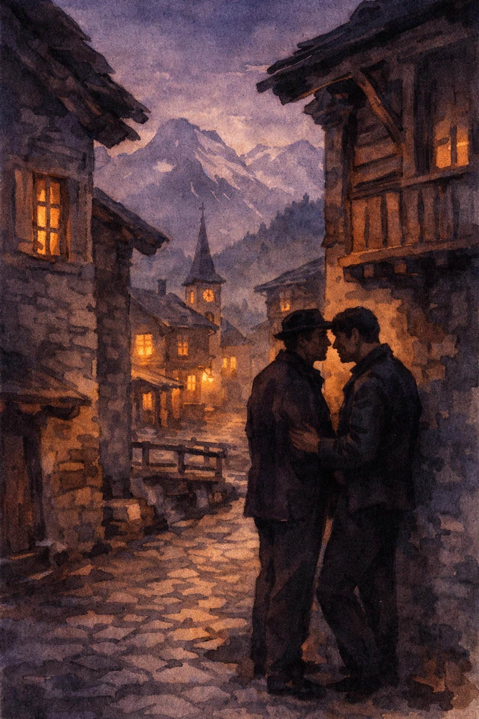 Two men share intimate moment in historic Swiss mountain village at dusk