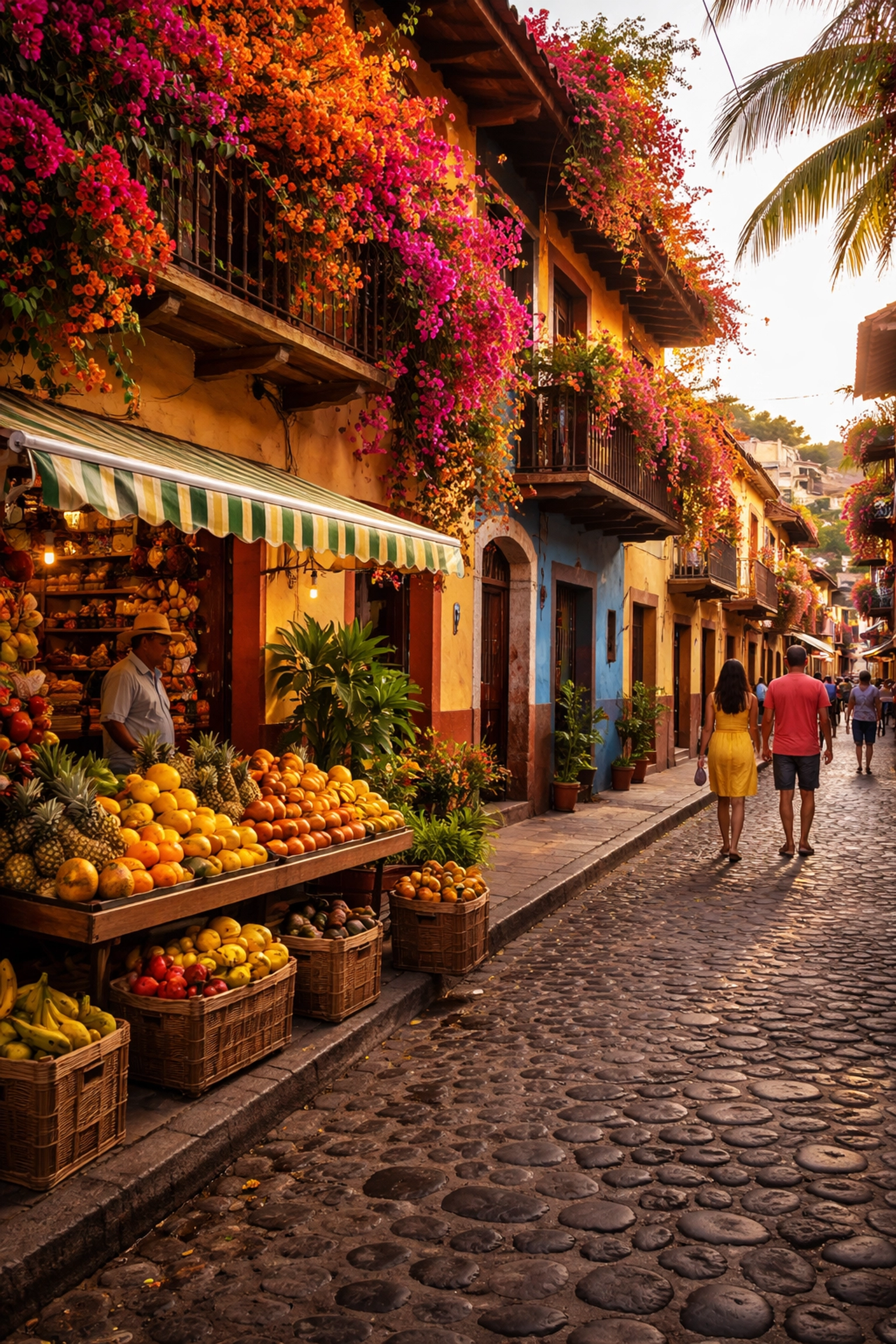 Charming Old Town Puerto Vallarta street with colorful buildings, fresh fruit vendors, and locals