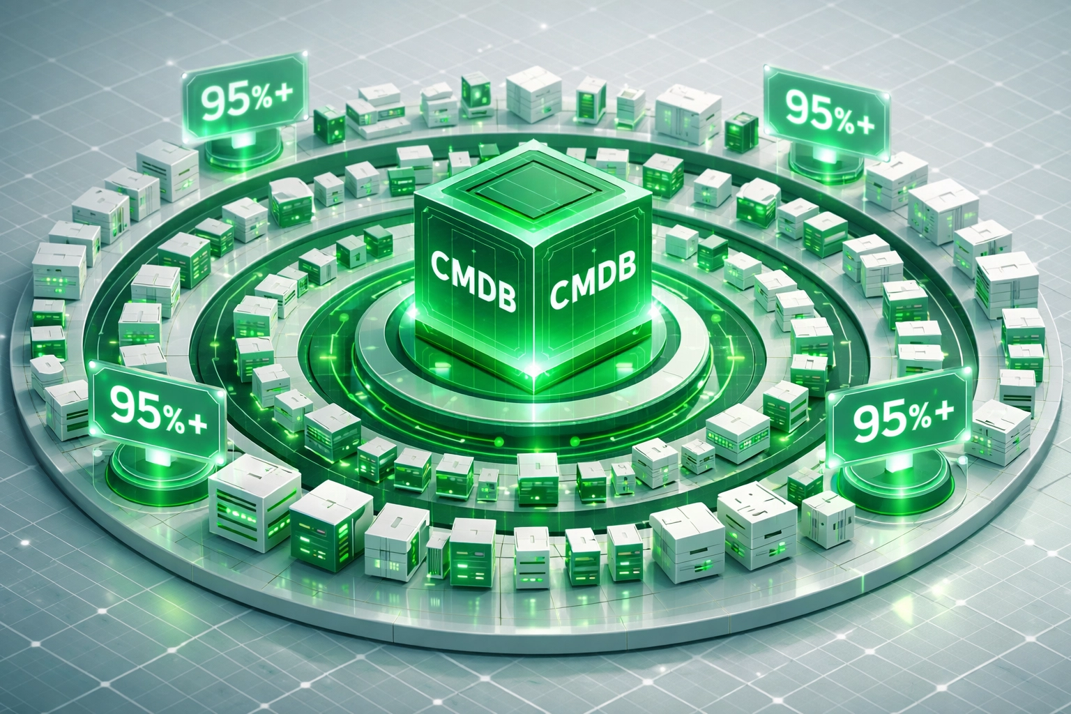 ServiceNow CMDB architecture displaying 95% data accuracy for ITOM compliance and audit trails