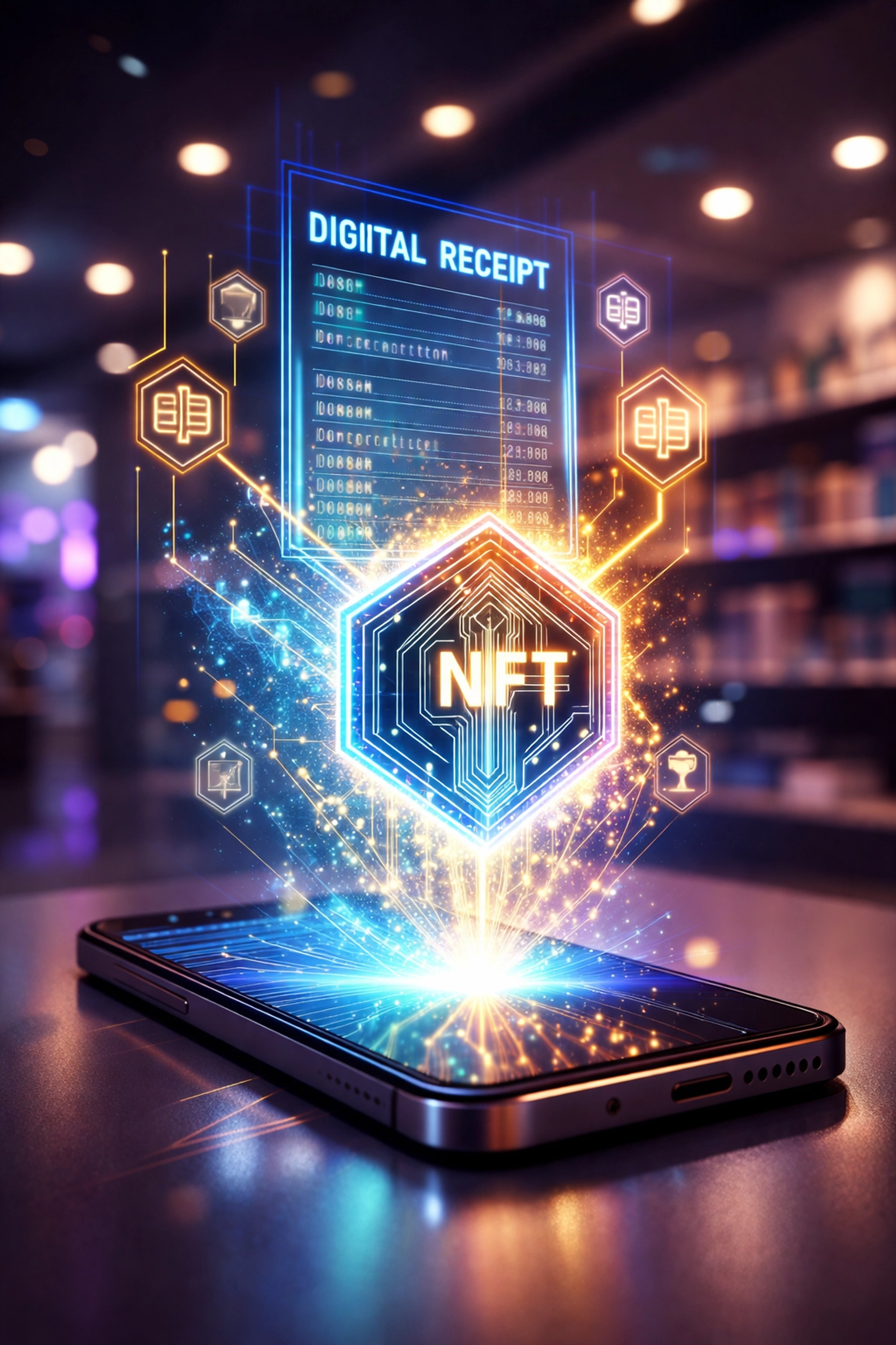Illustration of an NFT receipt appearing as a digital collectible token above a smartphone, symbolizing blockchain-powered customer engagement and secure crypto POS systems for small businesses.