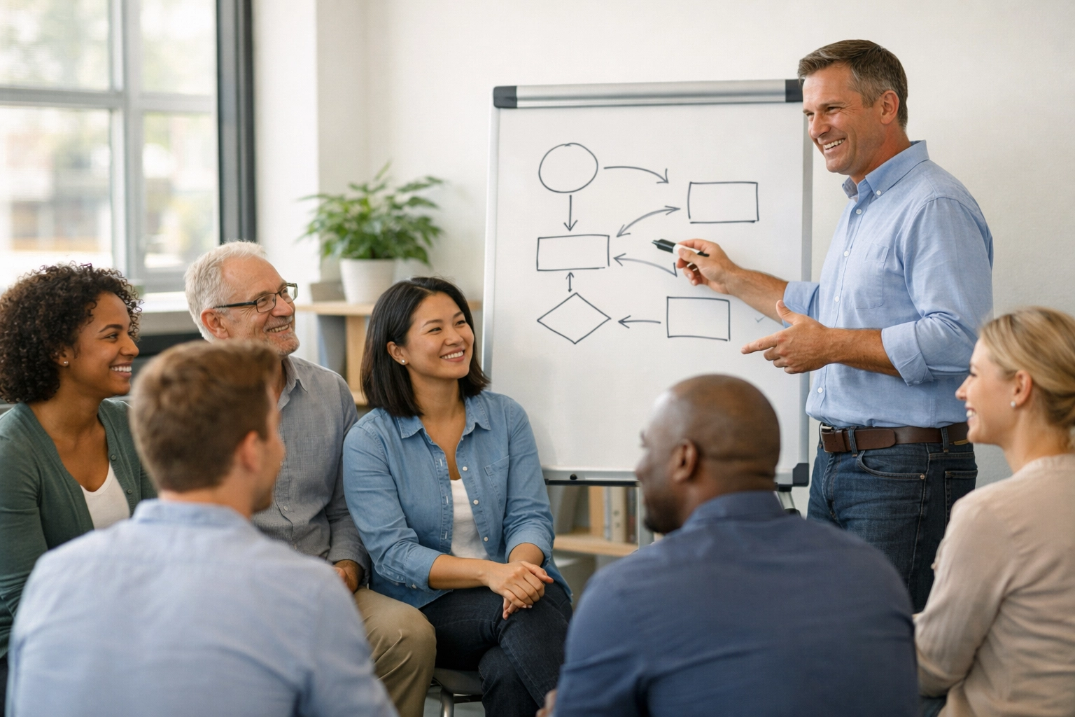 Leader explaining concepts to engaged team in training session promoting clear communication