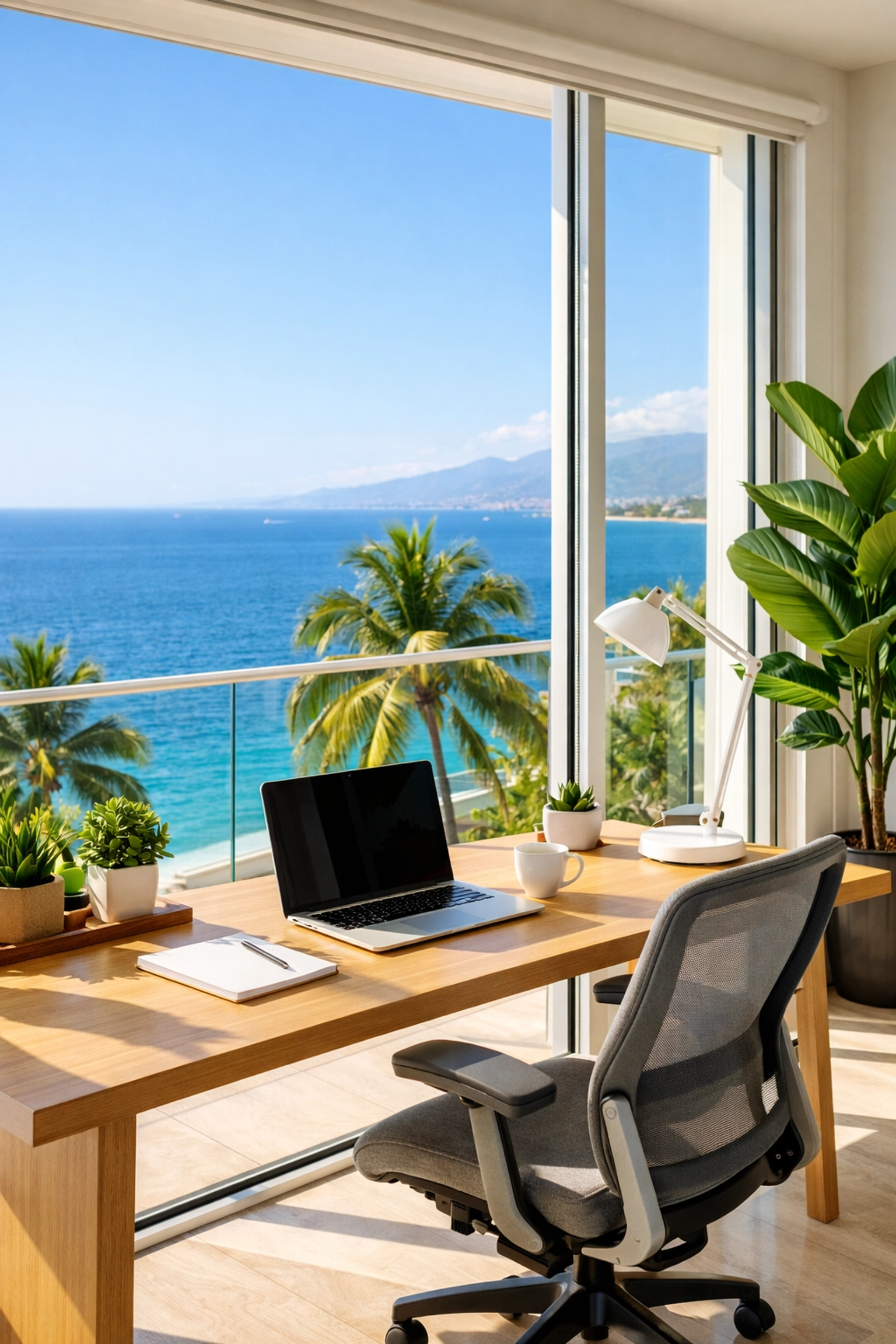 Modern Puerto Vallarta apartment workspace with ocean view windows