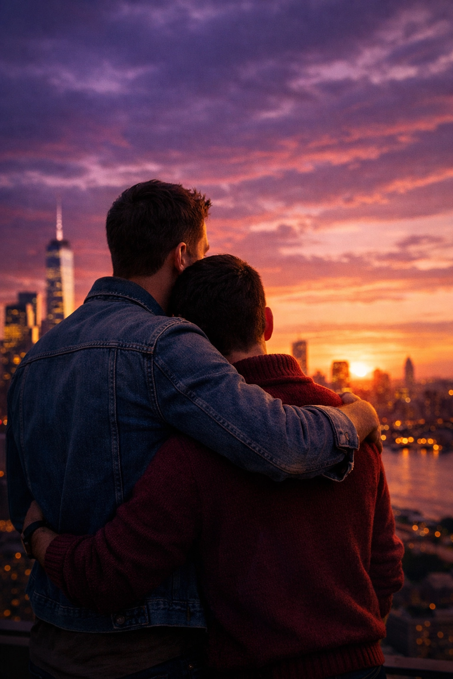 Gay couple embracing at sunset overlooking city - MM romance relationship goals