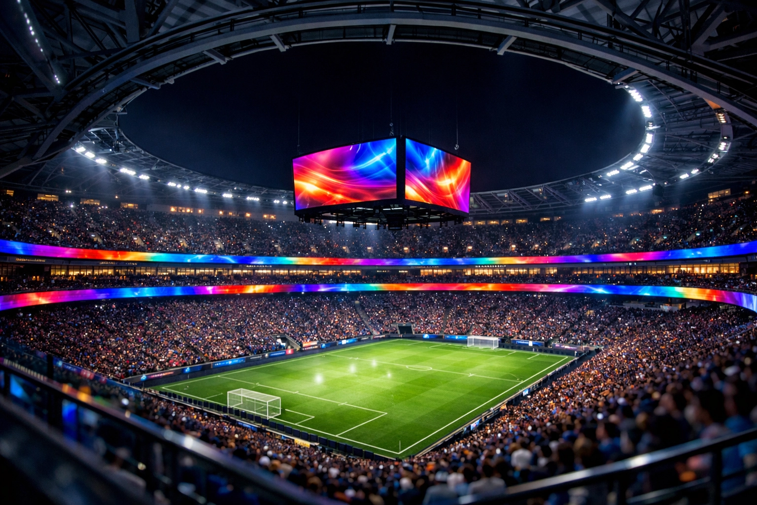 Modern stadium with illuminated digital signage showcasing global advertising opportunities for sports brands.