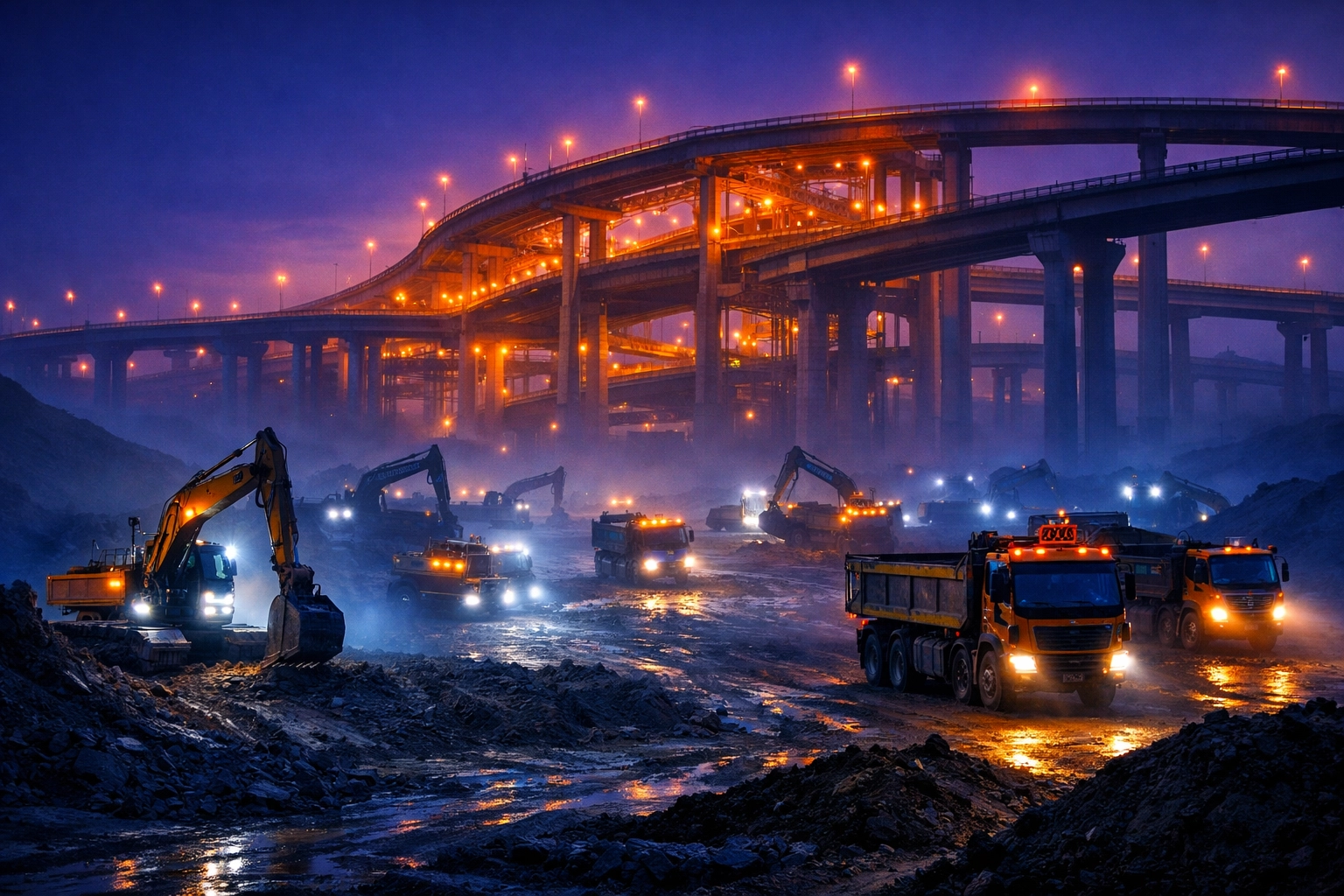 Modern heavy machinery and excavators at a massive twilight infrastructure construction site.