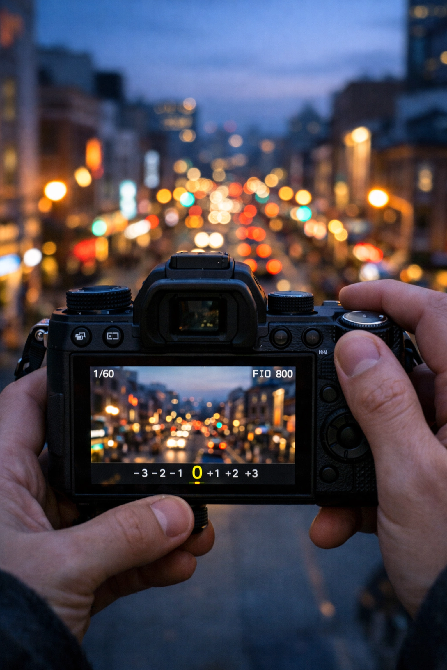 Photographer monitoring the camera light meter in manual mode during a city street shoot at dusk.