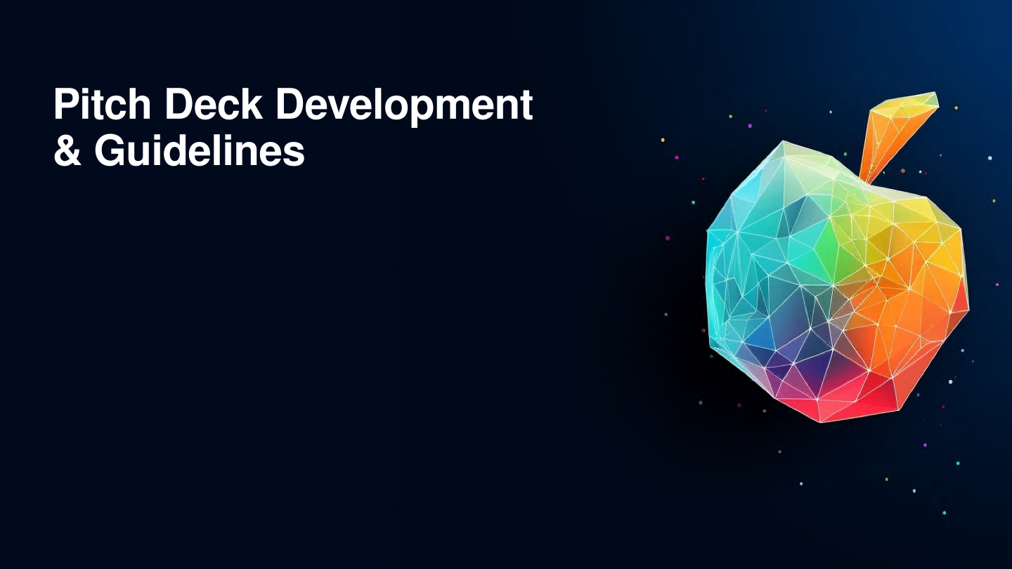 Pitch Deck Development & Guidelines Title text reads 'Pitch Deck Development & Guidelines' on a dark background. To the right, there is a geometric, multi-colored digital illustration of an apple, representing Storehouse Grocers' innovative approach to food, coffee, and fintech.