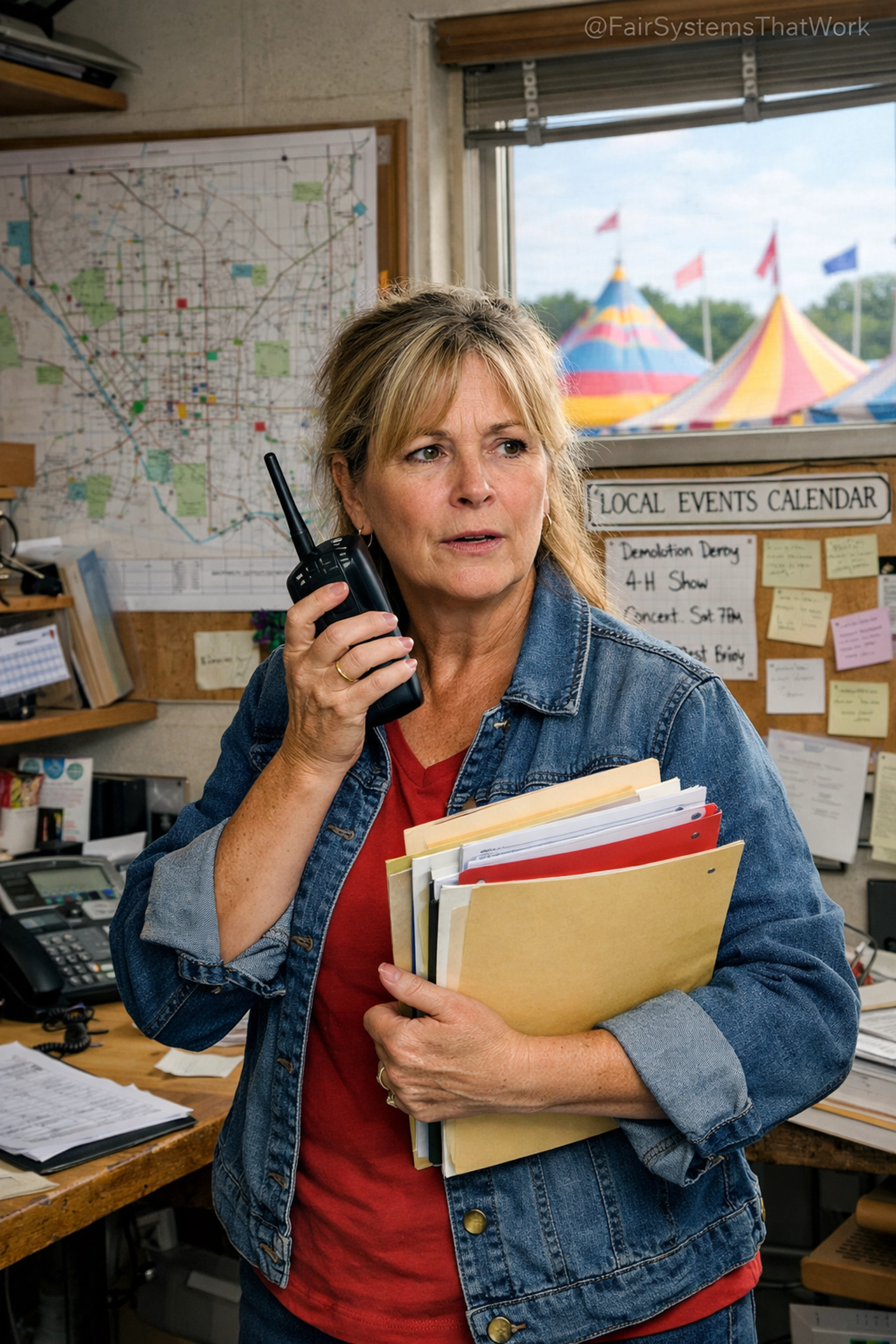 Busy ag society board member managing dual roles in a fairground exhibition office.