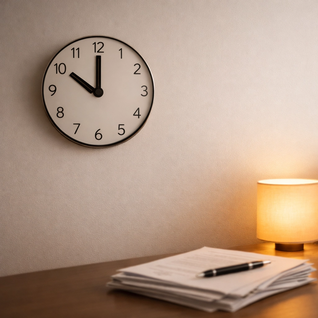Clock showing 10 PM with notary documents on desk - after-hours notarization in Delta Junction