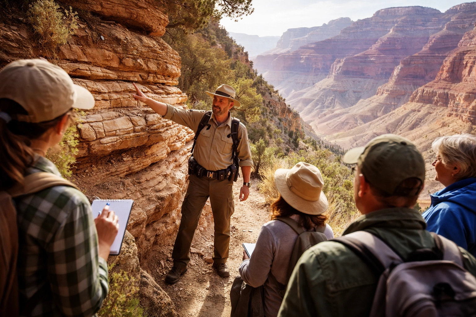 Park ranger leading Grand Canyon geology lesson for teachers on a canyon trail, highlighting hands-on educator training.