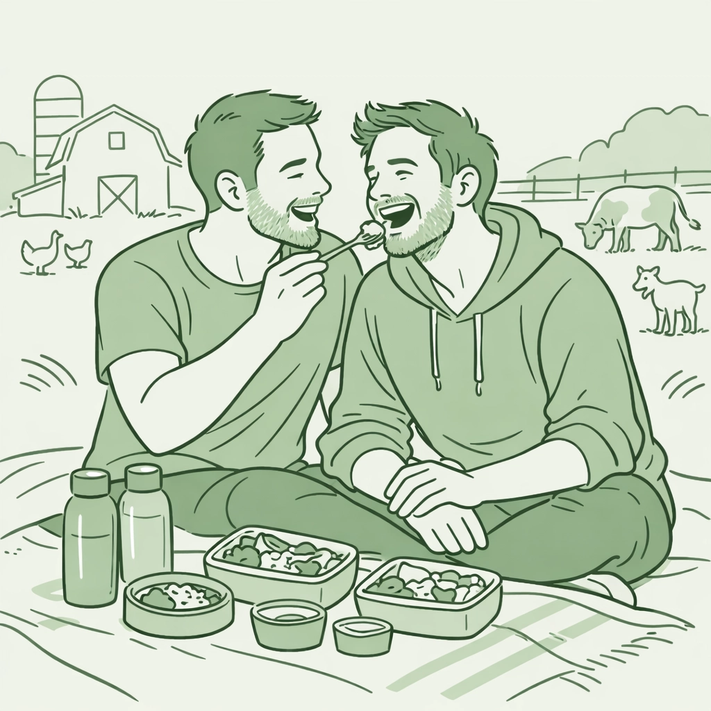LGBTQ+ couple sharing vegan meal at sustainable farm sanctuary