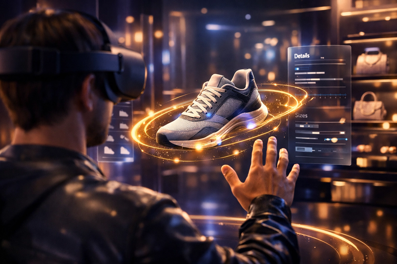 User shopping in a luxury virtual boutique using AI-driven holographic interface for digital fashion.
