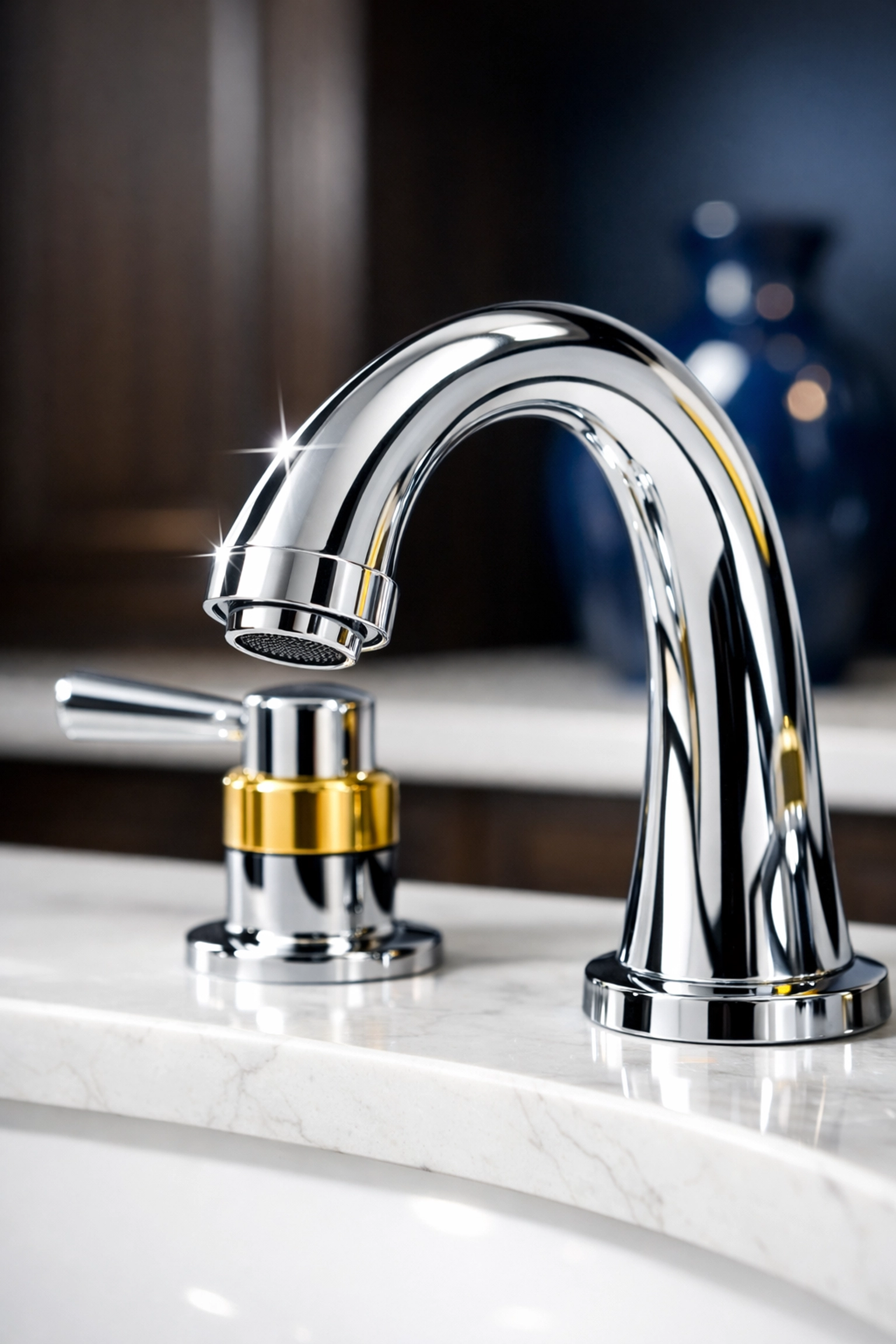 Sparkling polished nickel faucet and stone counters, the gold standard for luxury cleaning in Hingham homes.