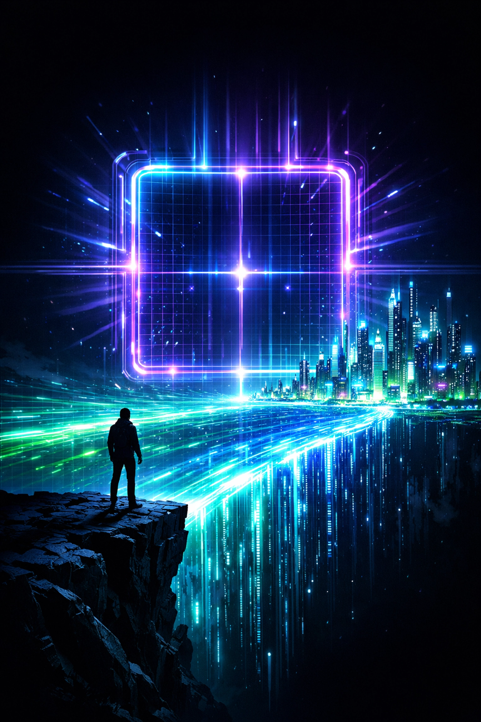 Silhouette facing a glowing digital gateway representing an AI assessment for career readiness.