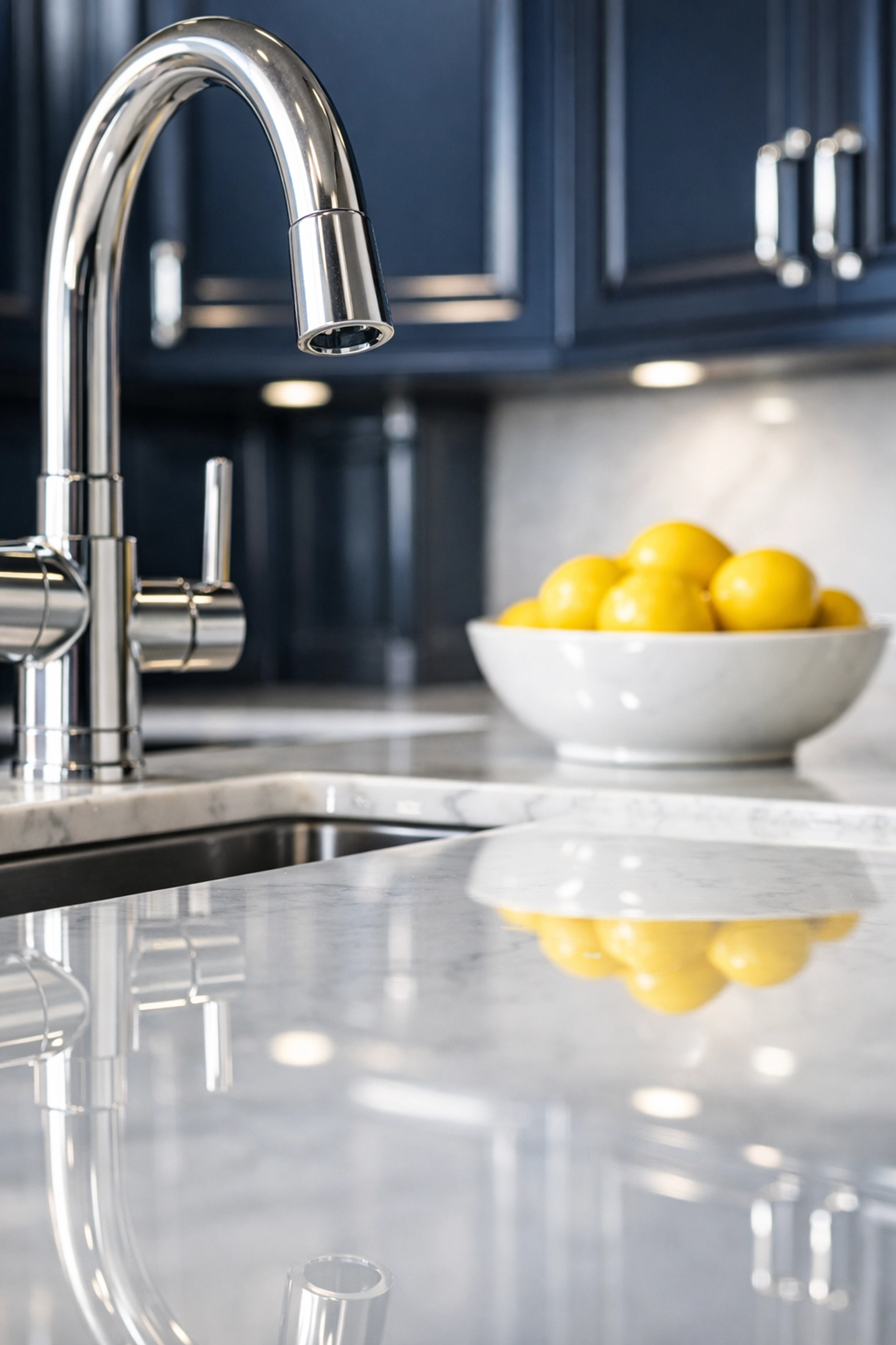 Close-up of a sanitized marble kitchen countertop and faucet following a detailed move-in cleaning service.