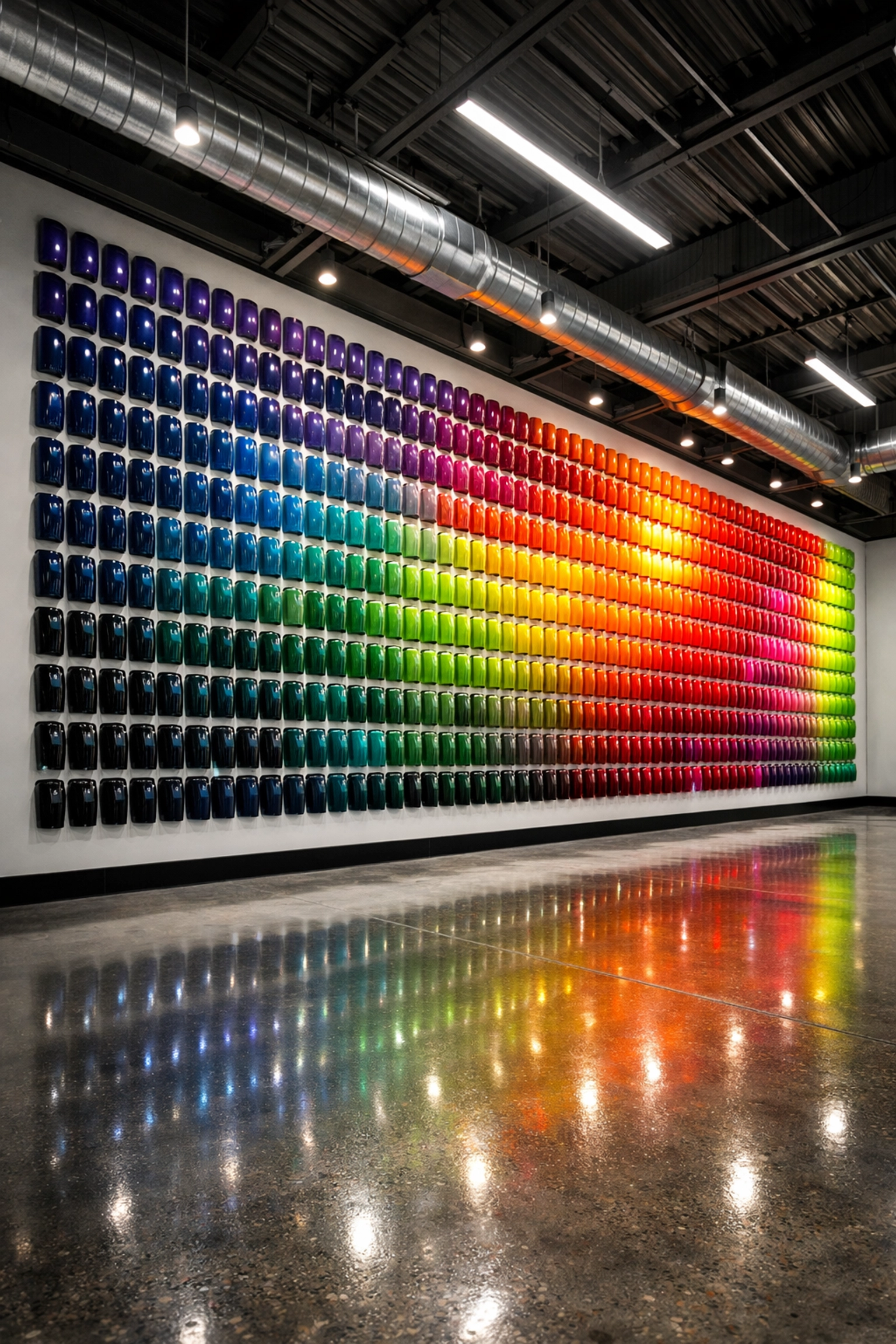 Powder coating color sample wall display at Santa Cruz shop showing 600+ custom finish options