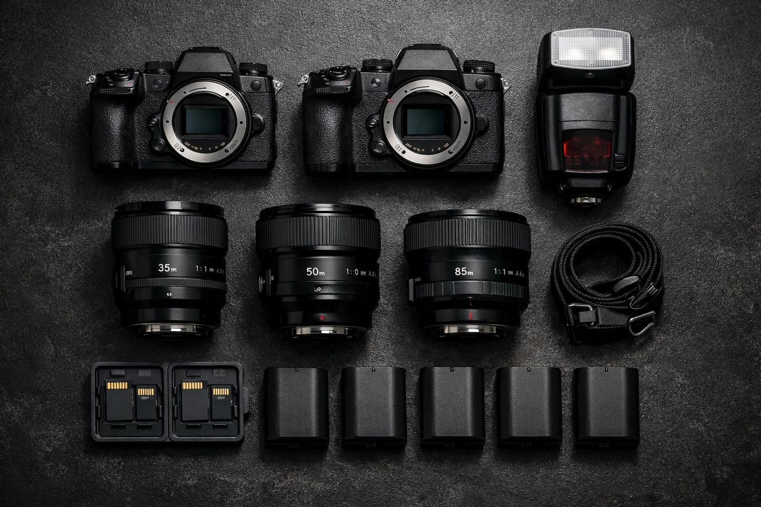 Professional camera gear and equipment prepared for a high-stakes Miami event photography session.