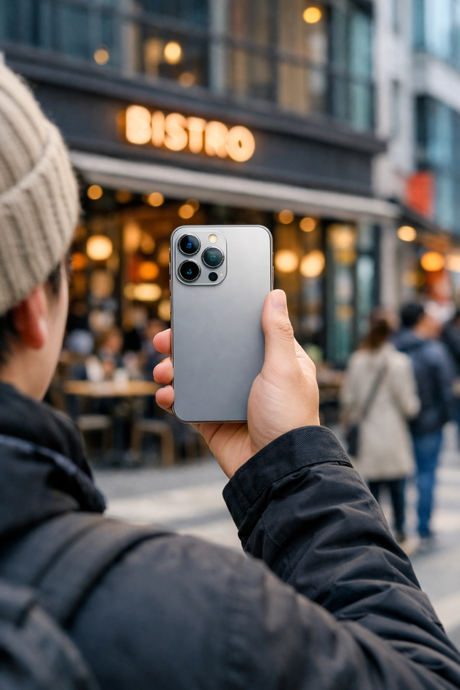 A person using iPhone Pro Visual Intelligence to scan a city storefront for real-time AI information.