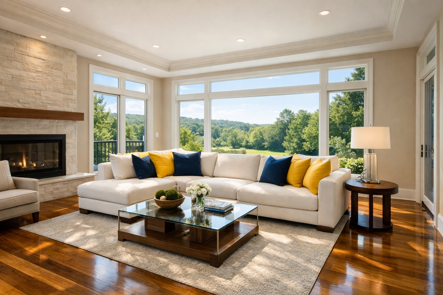 Sun-drenched Ayer living room with polished floors, showing the results of bi-weekly cleaning in Ayer, MA.