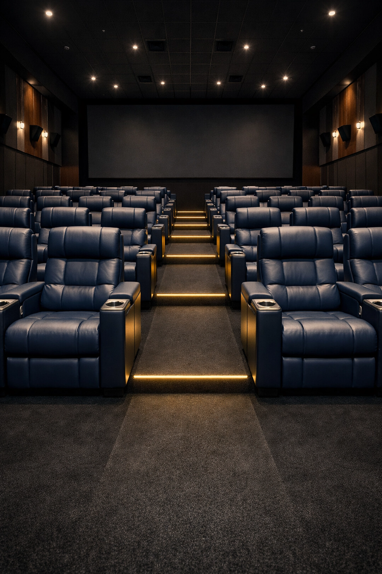 Clean theater auditorium with vacuumed aisles and spotless seating for a premium guest experience.