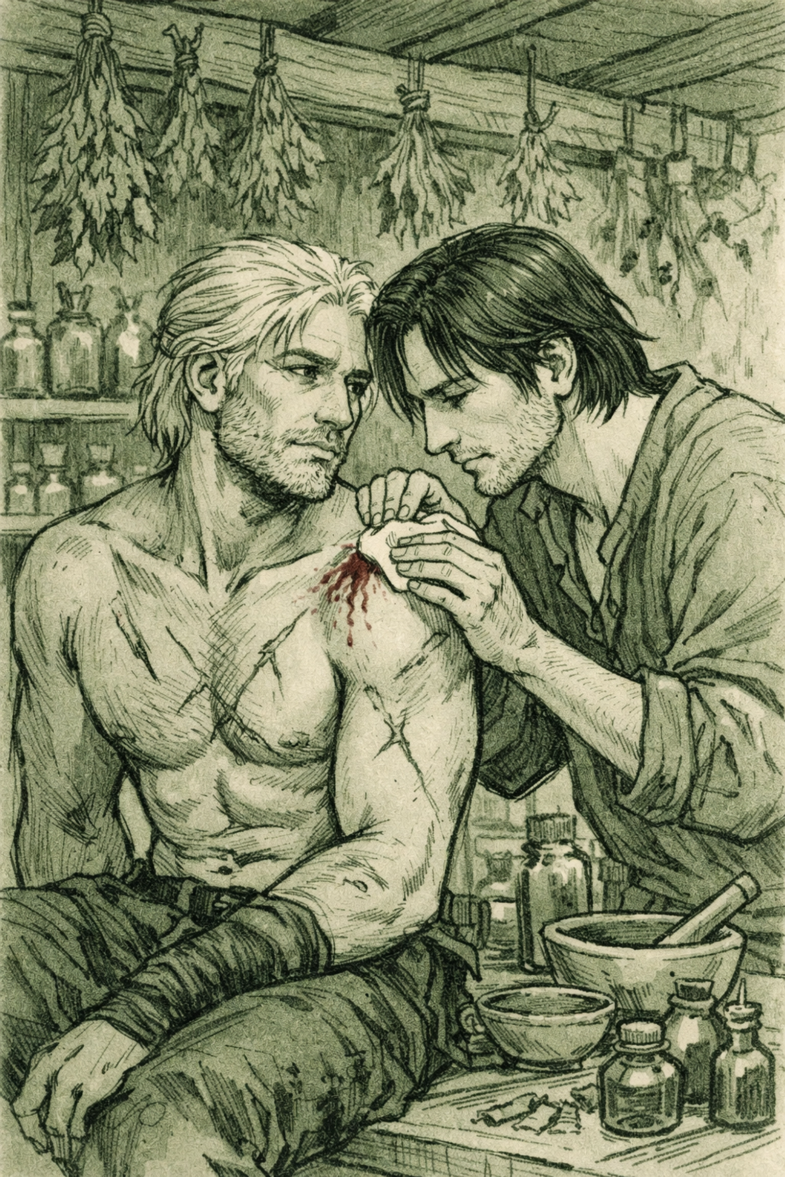 Herbalist tends to wounded witcher in hurt comfort MM romance scene