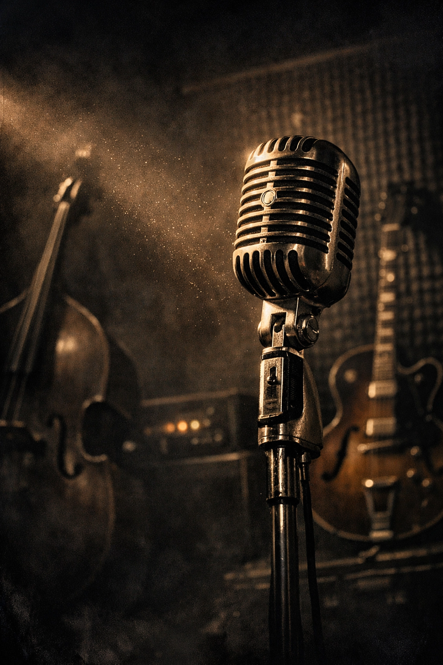 Iconic vintage microphone and guitar at Sun Studio, capturing the moody atmosphere of Elvis Presley's early recording days.