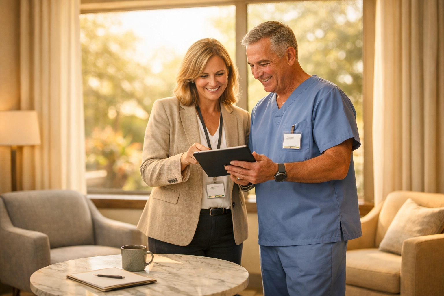 Healthcare consultant and director reviewing behavioral health policies for state licensure readiness.