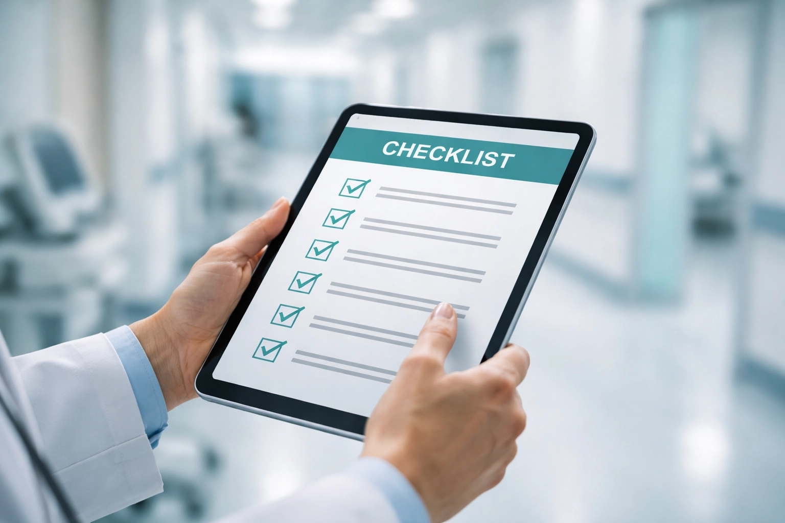 Healthcare professional reviewing ASCQR compliance checklist on tablet in surgery center hallway