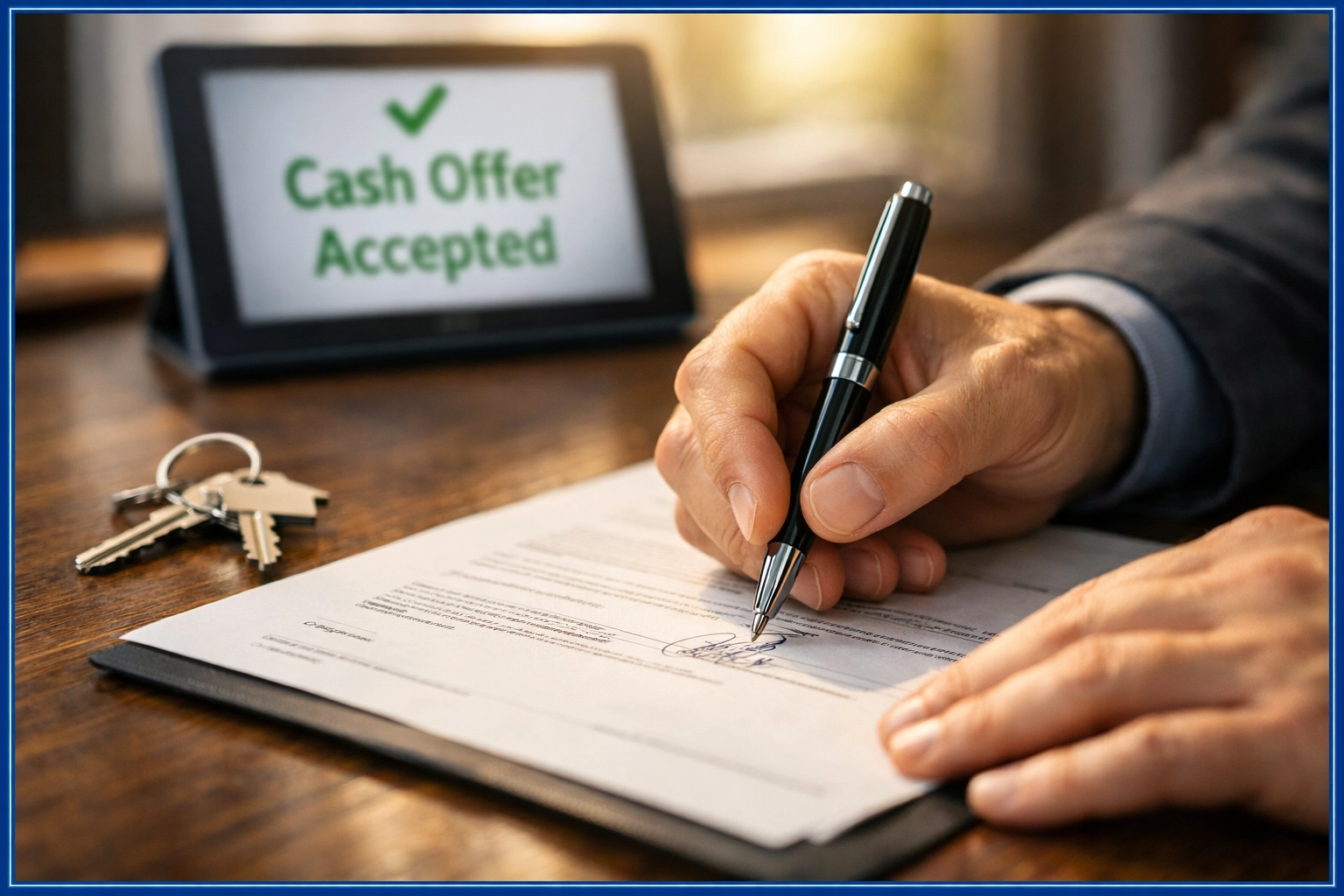 Homeowner signing guaranteed cash offer documents for as-is home sale in Los Angeles Homeowner signing guaranteed cash offer documents for as-is home sale in Los Angeles