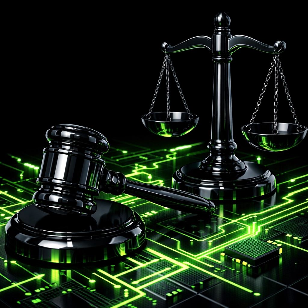 Dark legal gavel and scales of justice on a digital grid for personal injury law SEO.