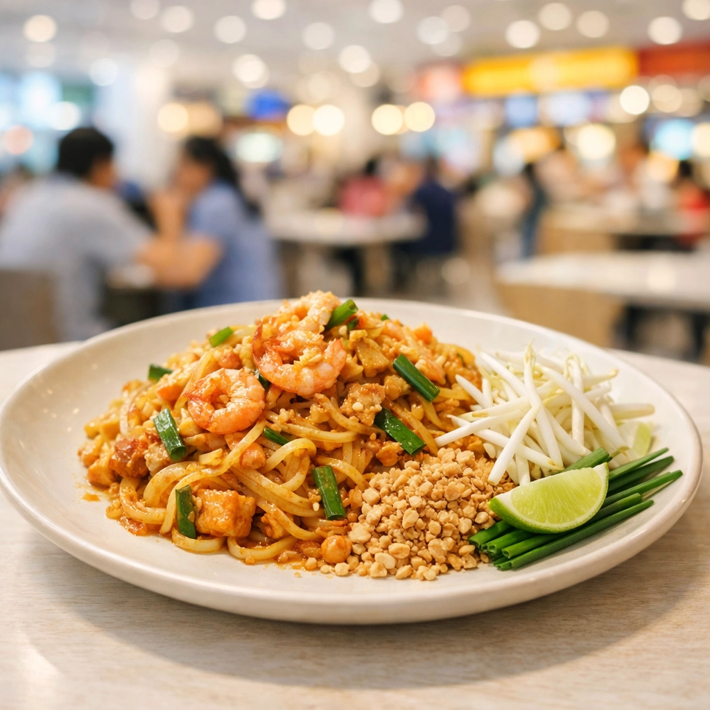 A fresh plate of Pad Thai at a Bangkok food court, perfect for budget-friendly dining.