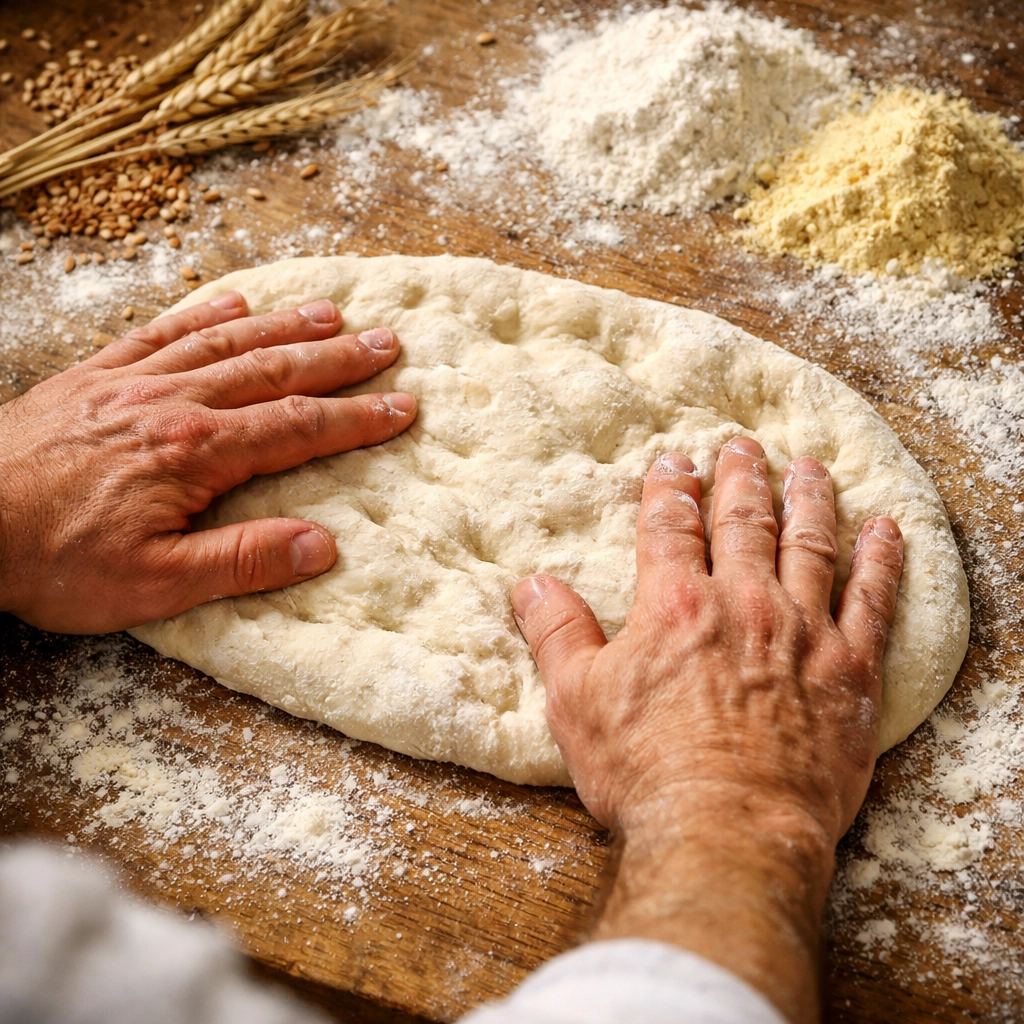 Artisan hands pressing Roman pinsa dough using traditional pinsere technique on flour-dusted surface