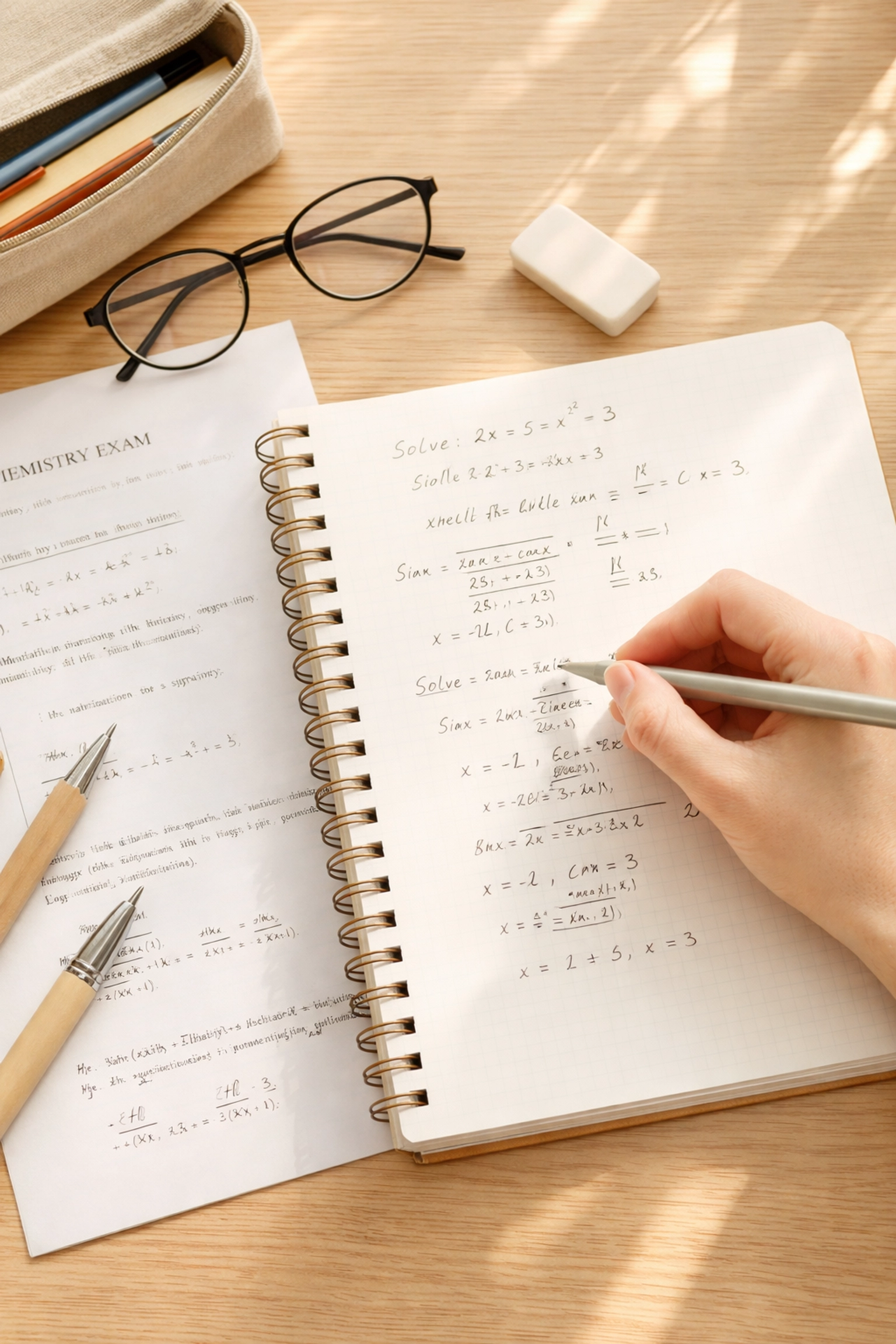 Student writing step-by-step chemistry exam calculations in a notebook, demonstrating methodical problem solving