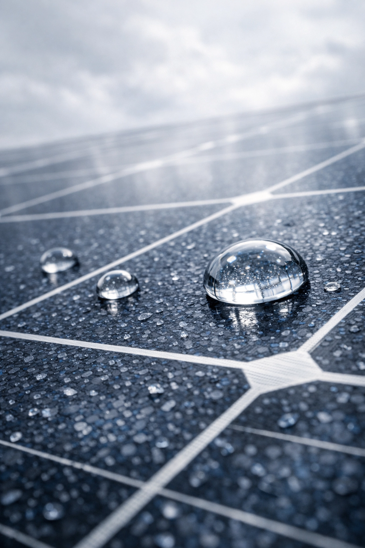 Detailed view of high-quality solar panel cells generating renewable energy on an overcast day.