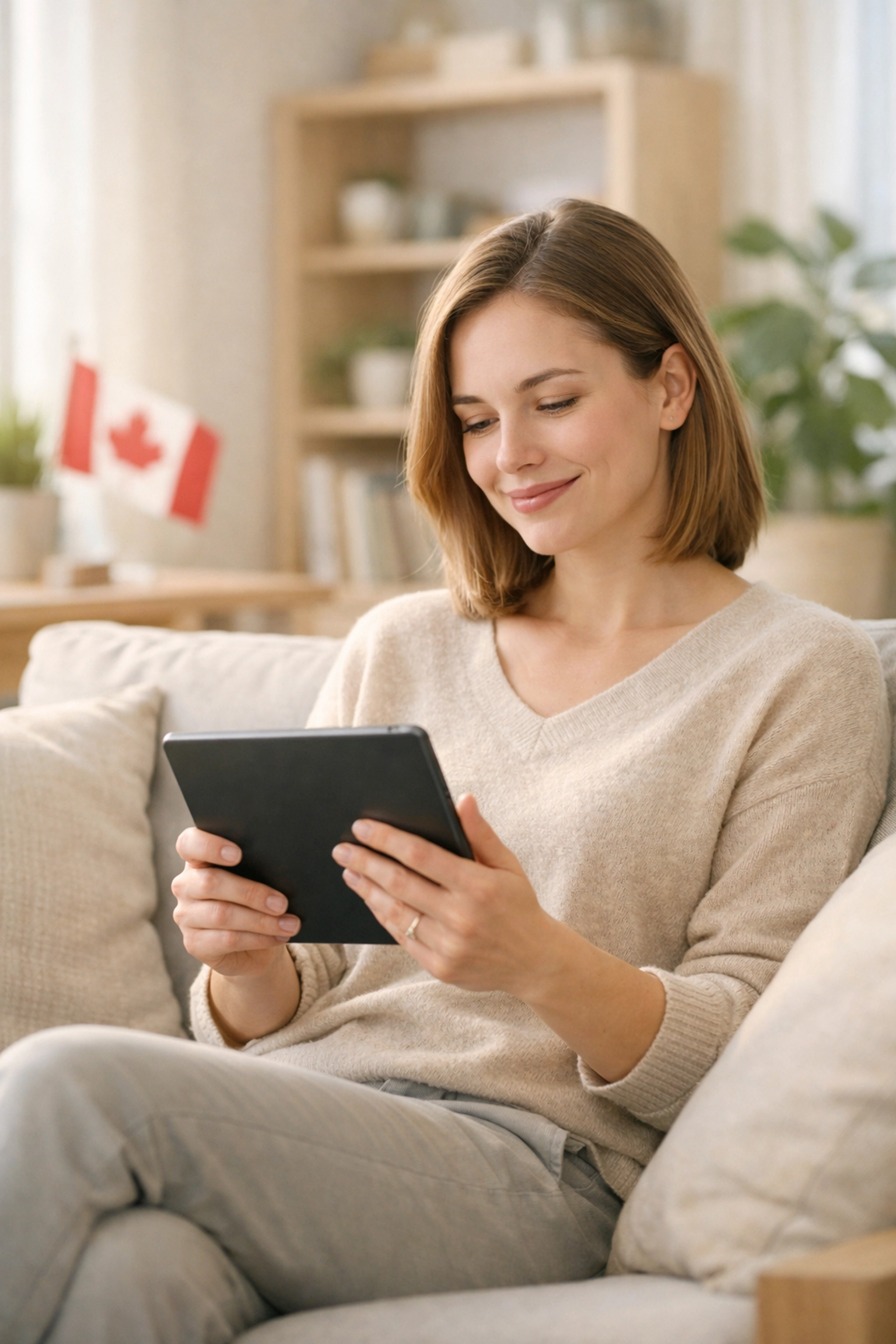 A relieved person using a tablet to secure an emergency loan in Canada from home.