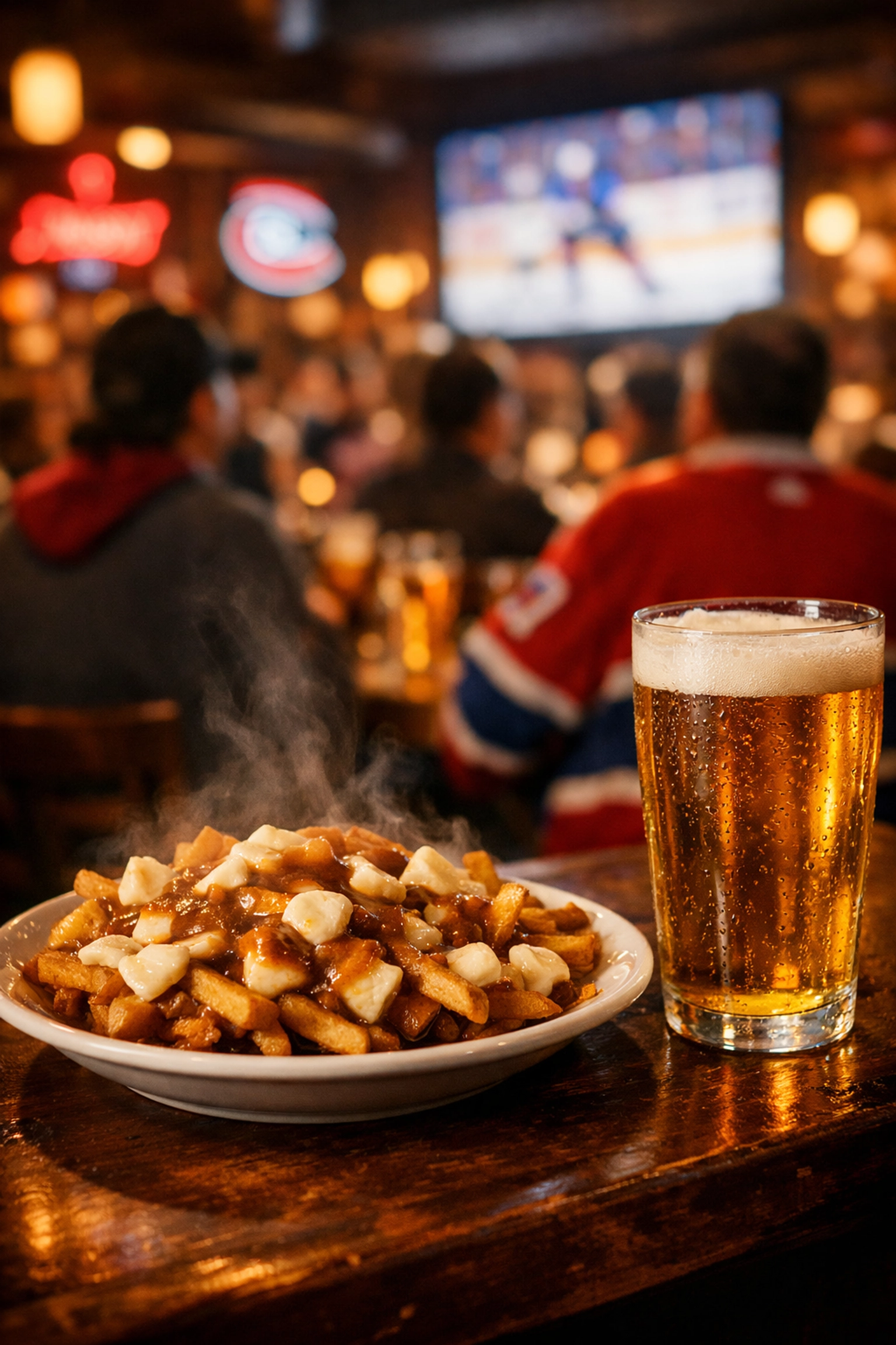 A plate of authentic Montreal poutine and a cold beer at a local sports bar.