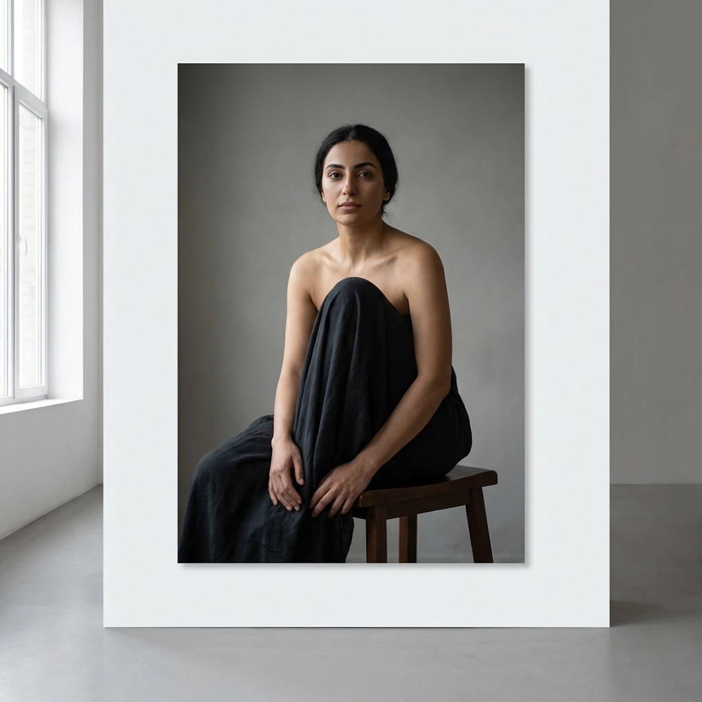 Fine art nude photography showcasing the natural beauty of a Middle Eastern woman in a serene pose.