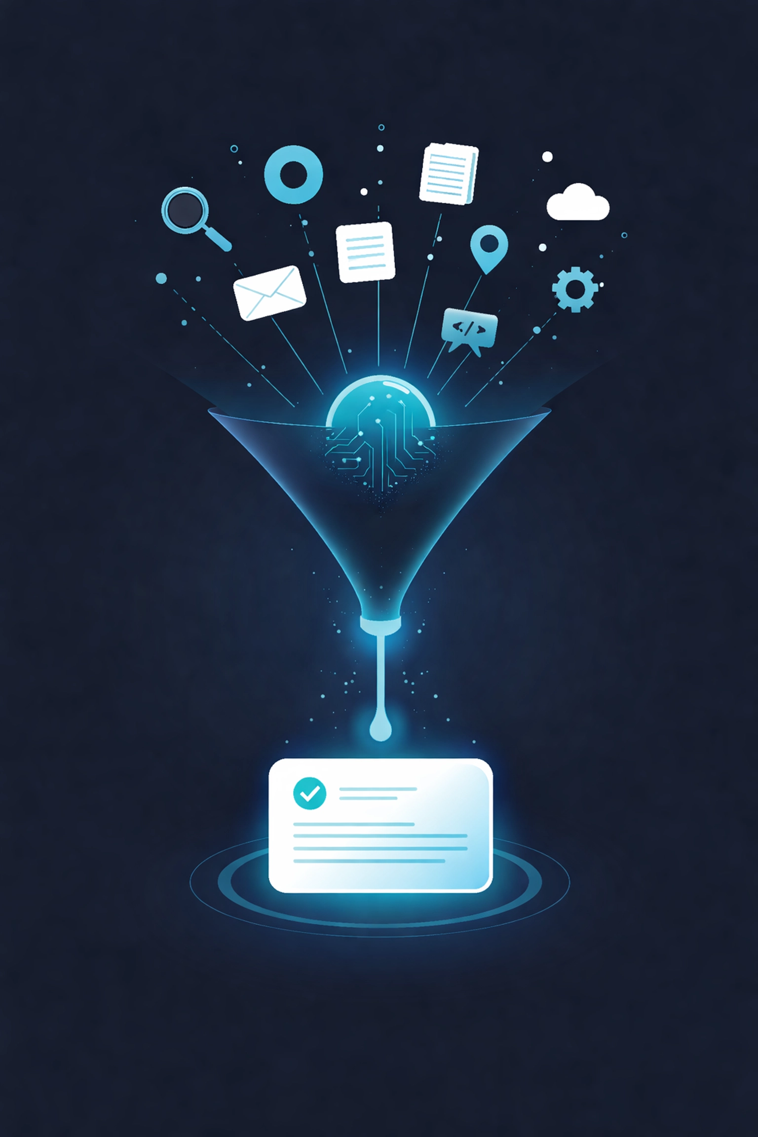 Funnel illustration showing how AI prompts synthesize information from multiple sources into a single answer