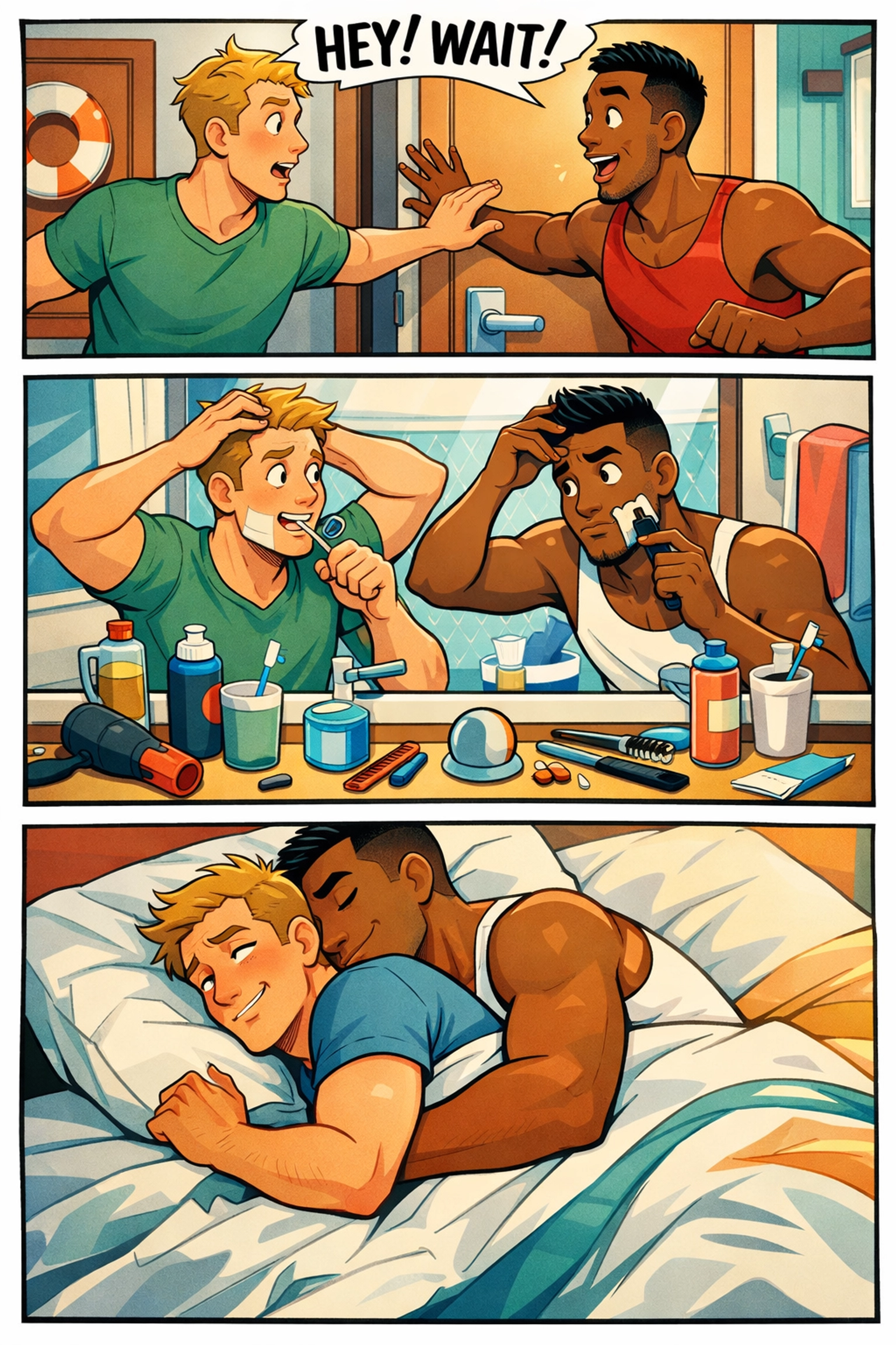 Comic panels showing humorous moments of two men sharing a tiny gay cruise ship cabin
